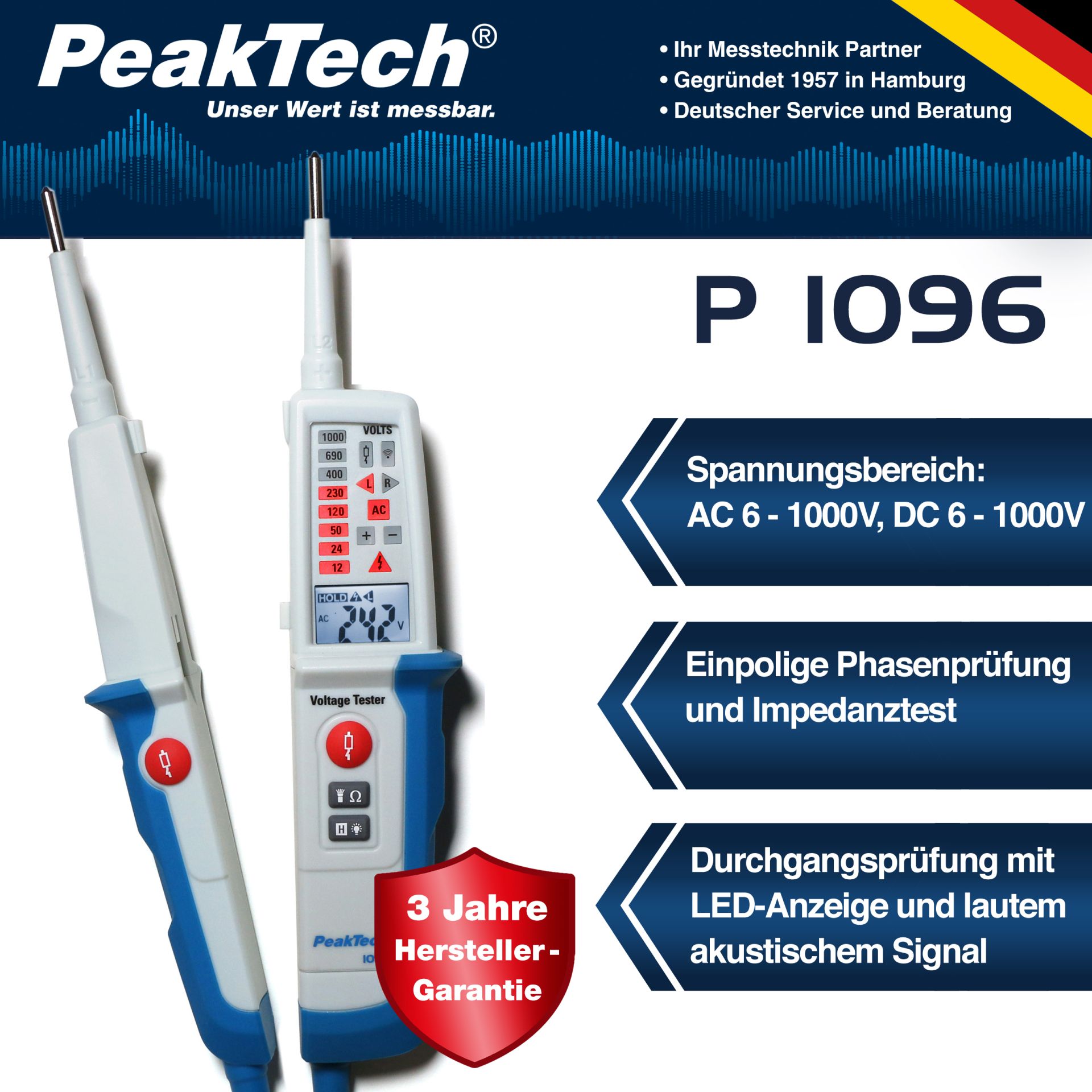 PeakTech P 1096 AC/DC-Spannungsprüfer mit FI-Test und Dual-Anzeige