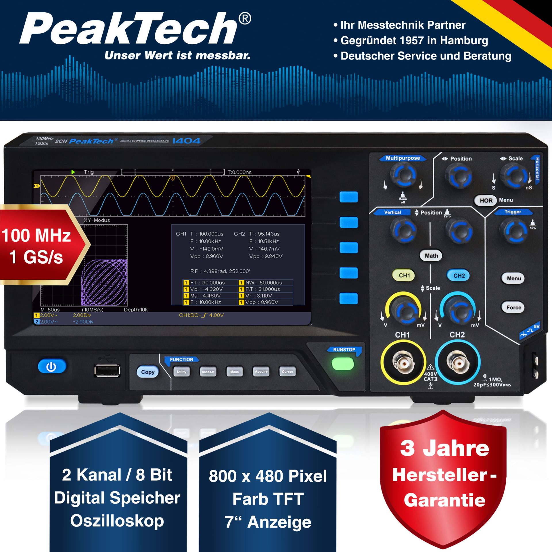 PeakTech P 1404 100 MHz / 2 CH, 1 GS/s Digitalspeicheroszilloskop