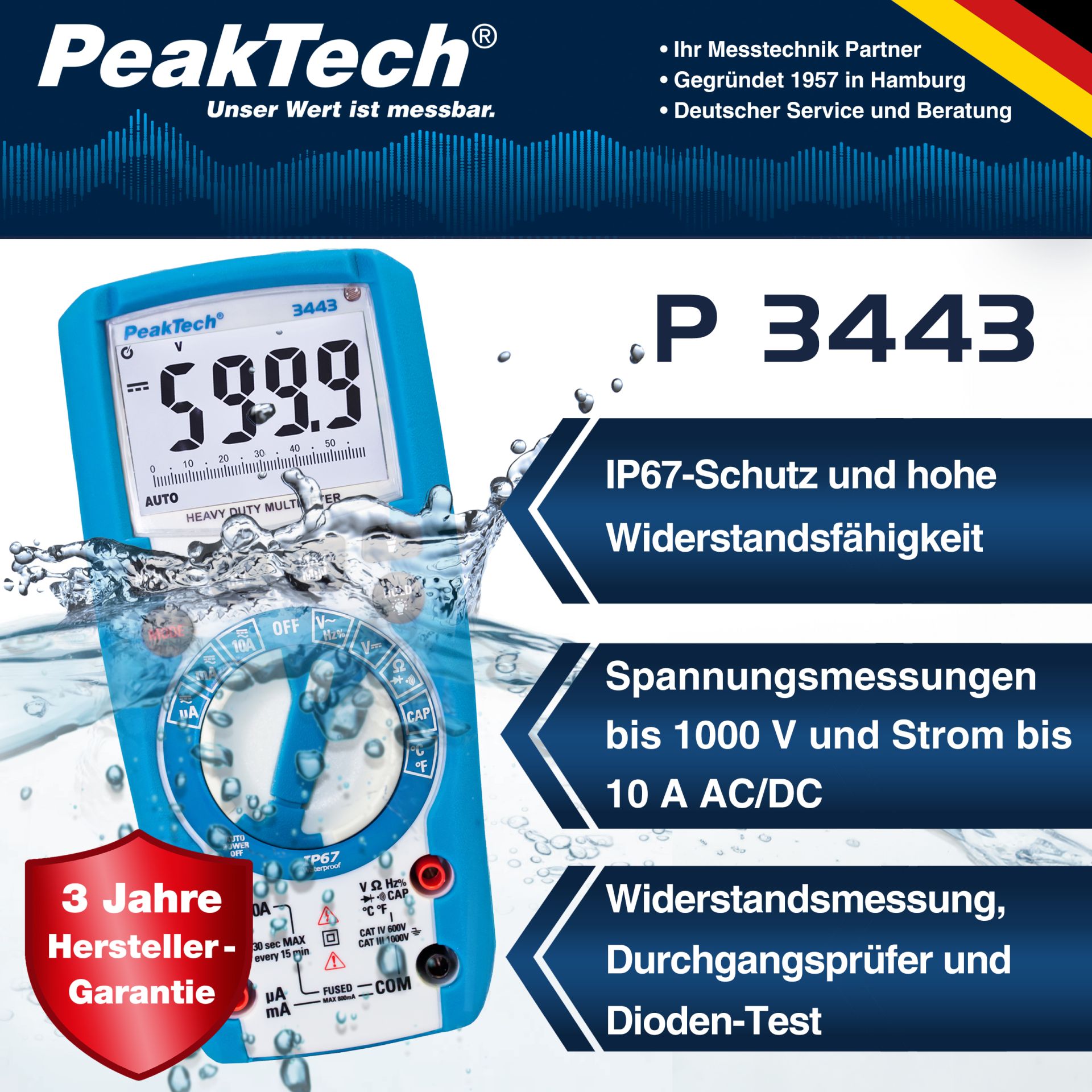 PeakTech P 3443 Digitalmultimeter 6.000 Counts, IP67 