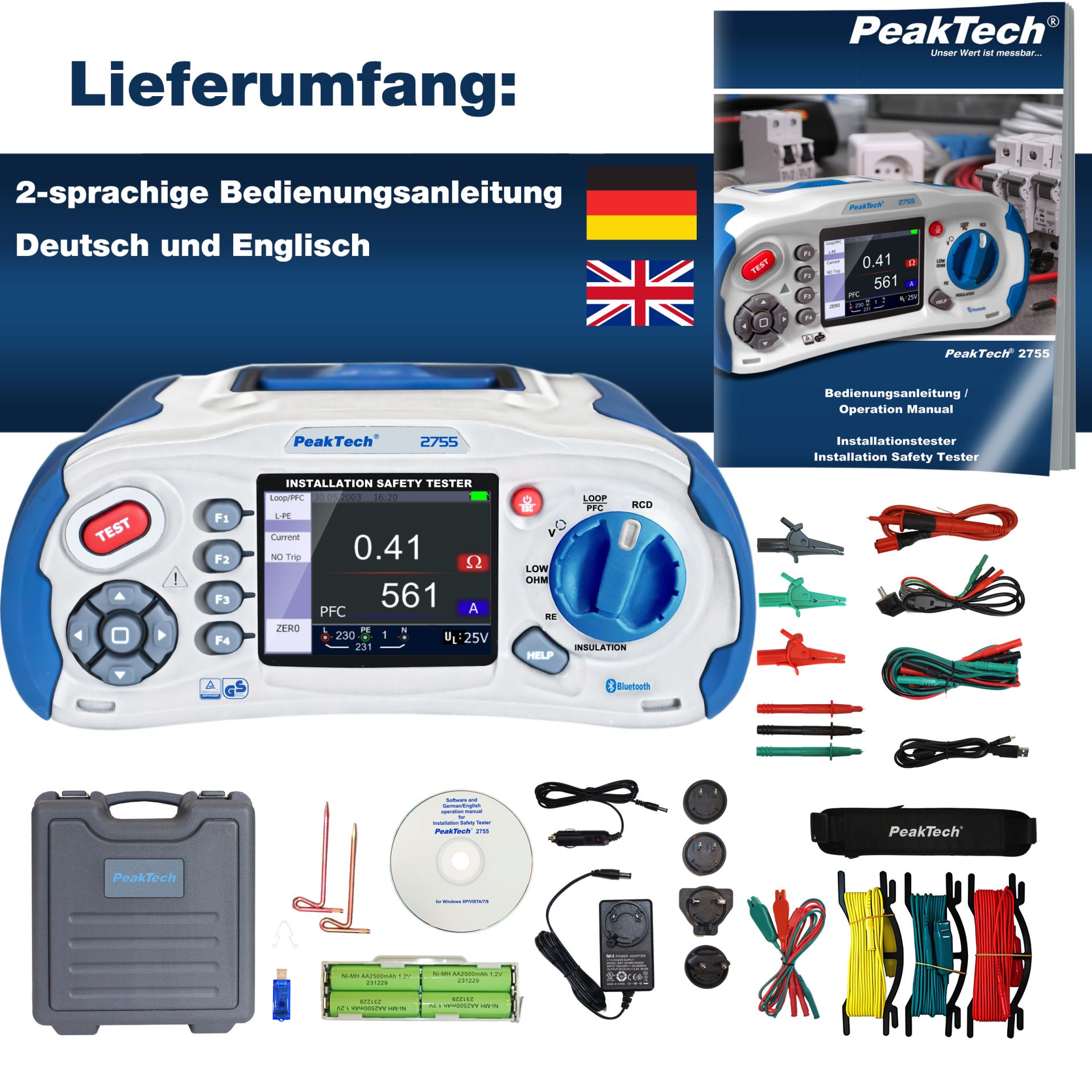  PeakTech P 2755 Installationstester VDE 0100, VDE 0100-600, VDE 0105-100, für Elektroanlagen