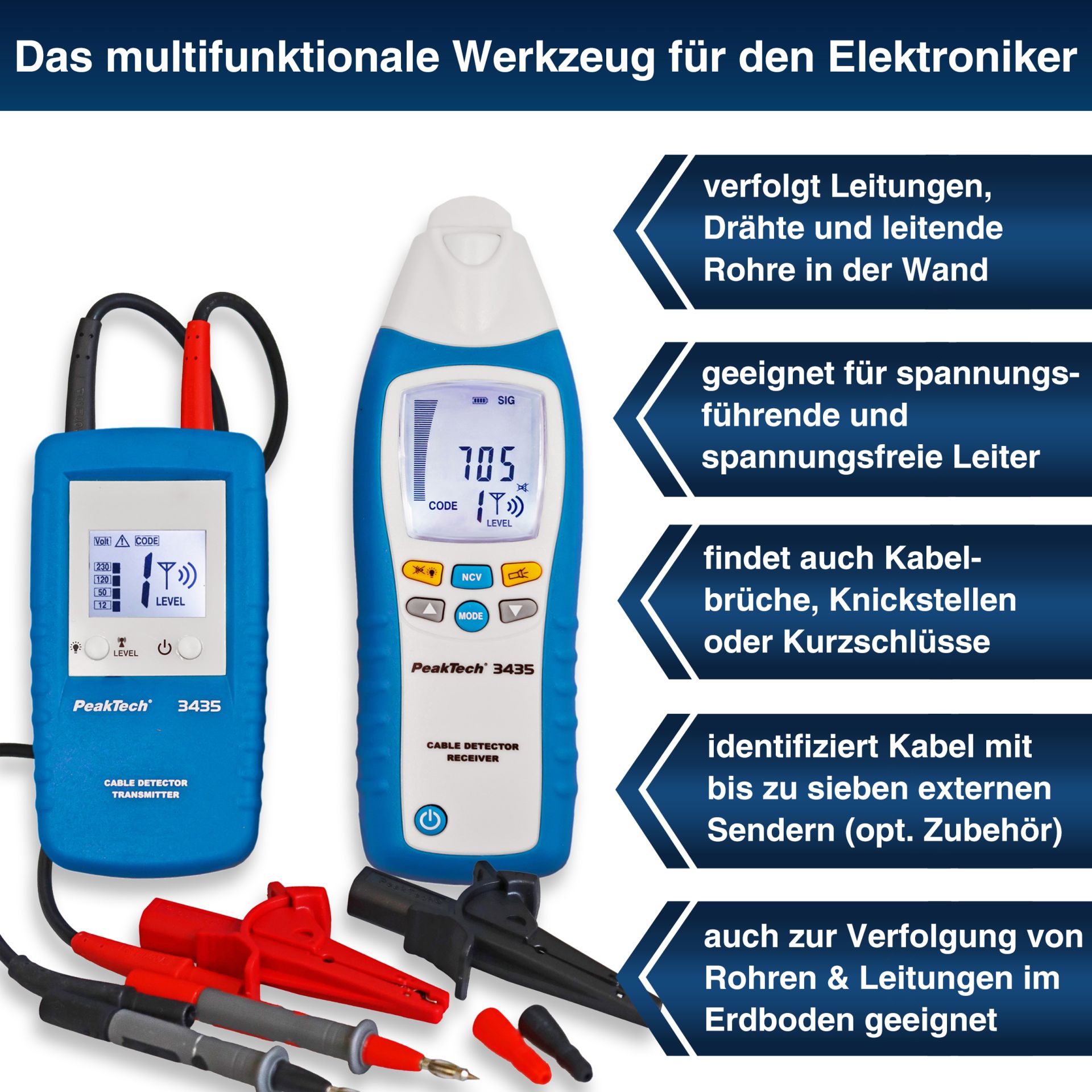 PeakTech P 3435 Leitungssuchgeräte / Kabelbruchfinder - Set, Sender und Empfänger