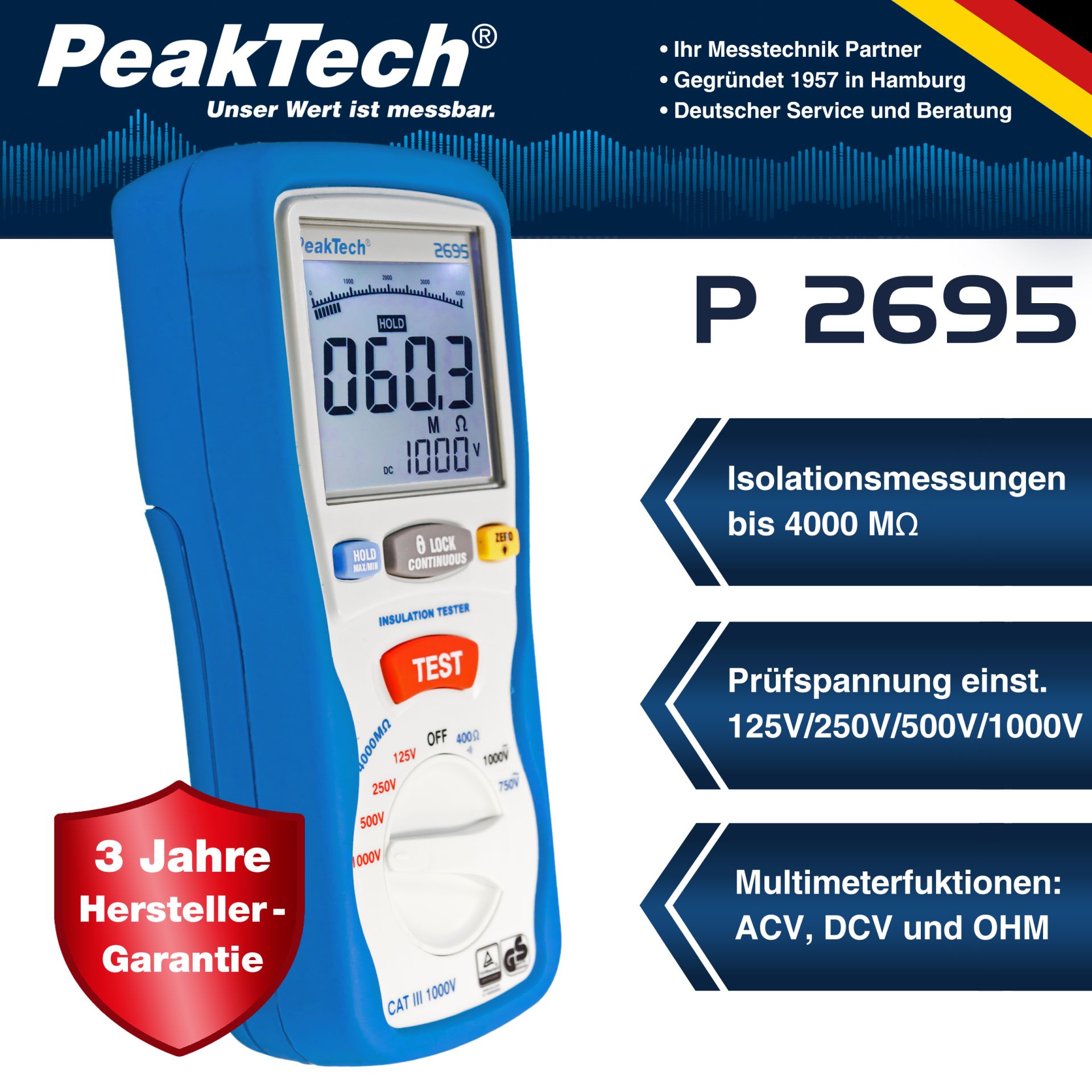 PeakTech P 2695 Isolationsmessgerät 125/250/500/1000 V/4000 MΩ 