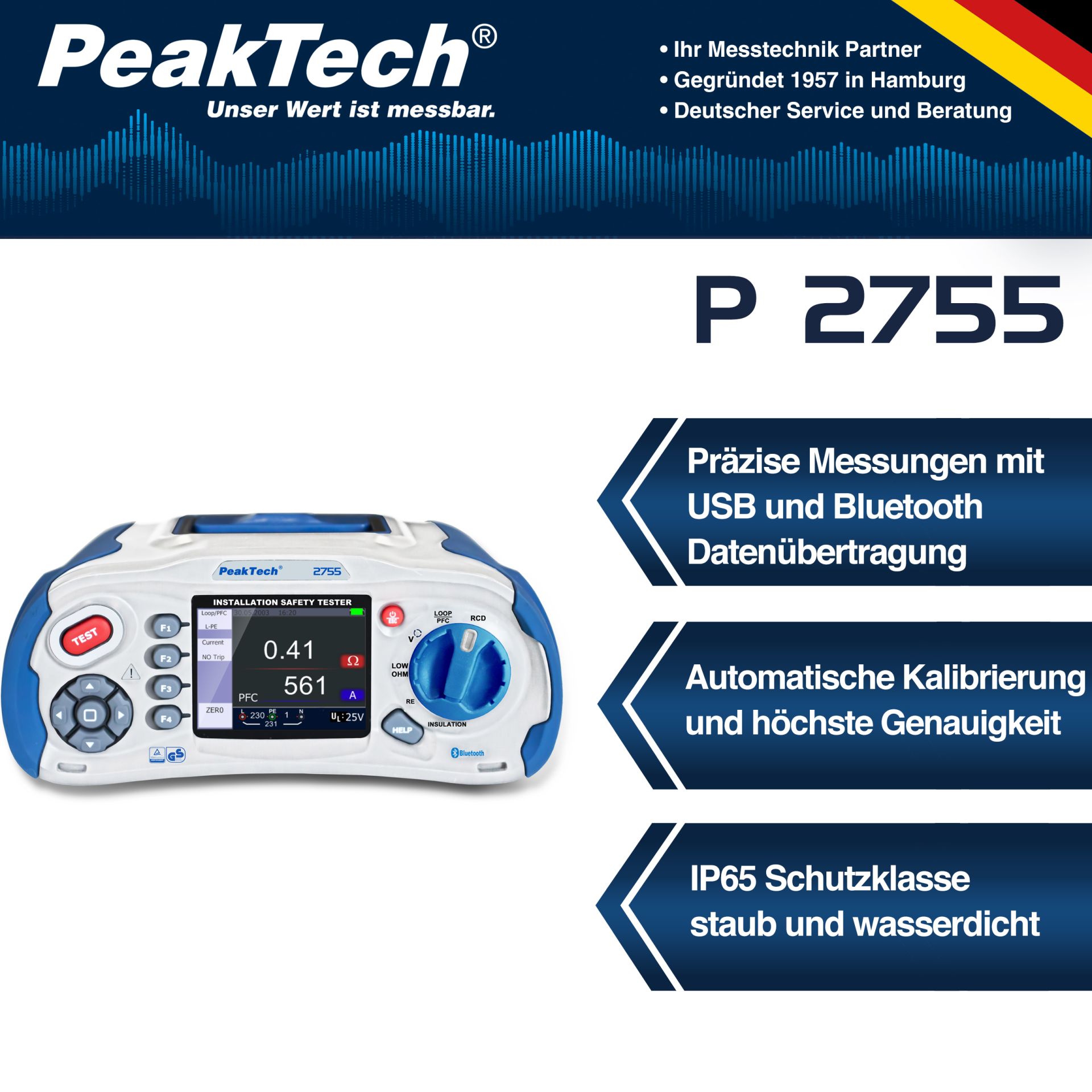  PeakTech P 2755 Installationstester VDE 0100, VDE 0100-600, VDE 0105-100, für Elektroanlagen