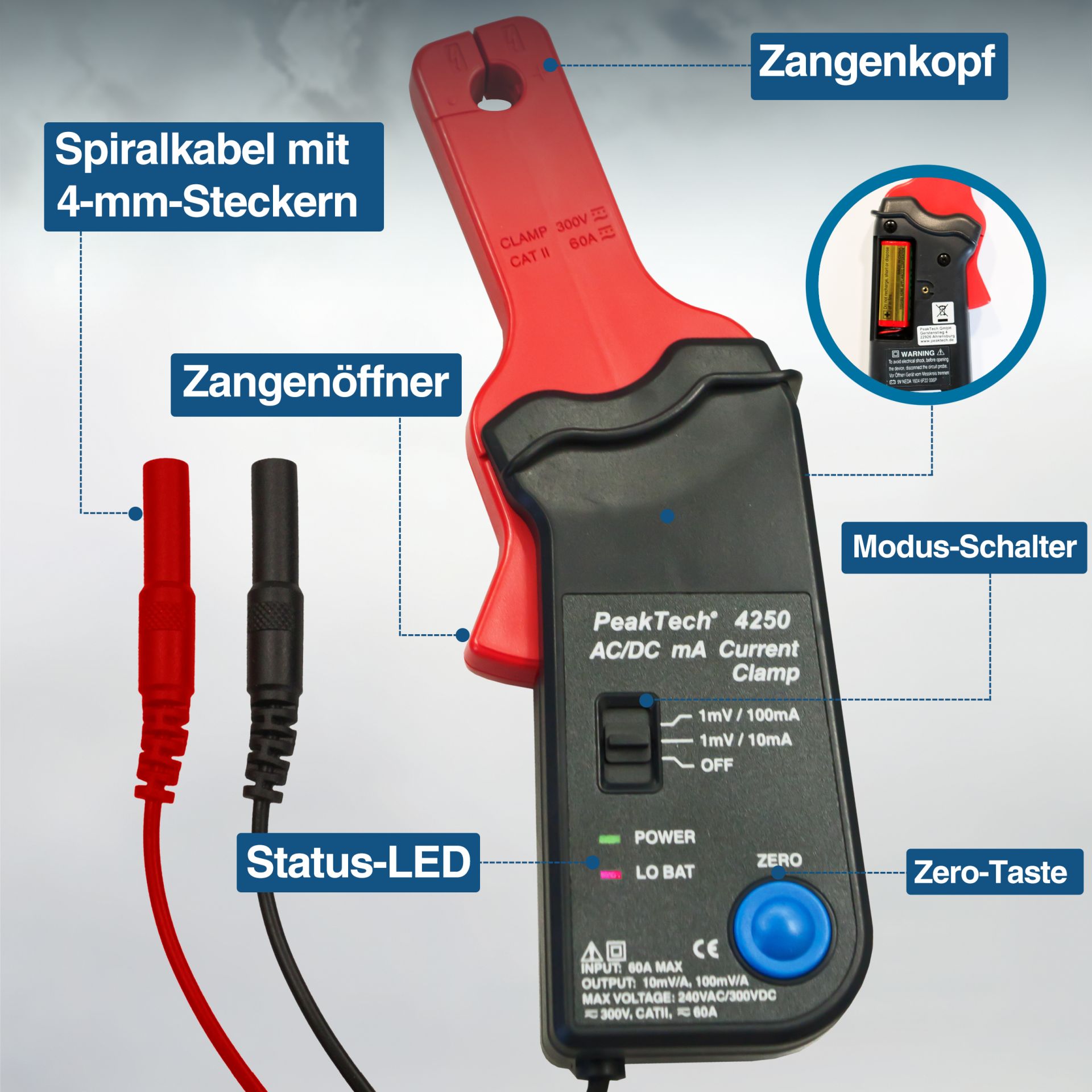 PeakTech P 4250 Stromzangenadapter 60A AC/DC mit 4mm Stecker 