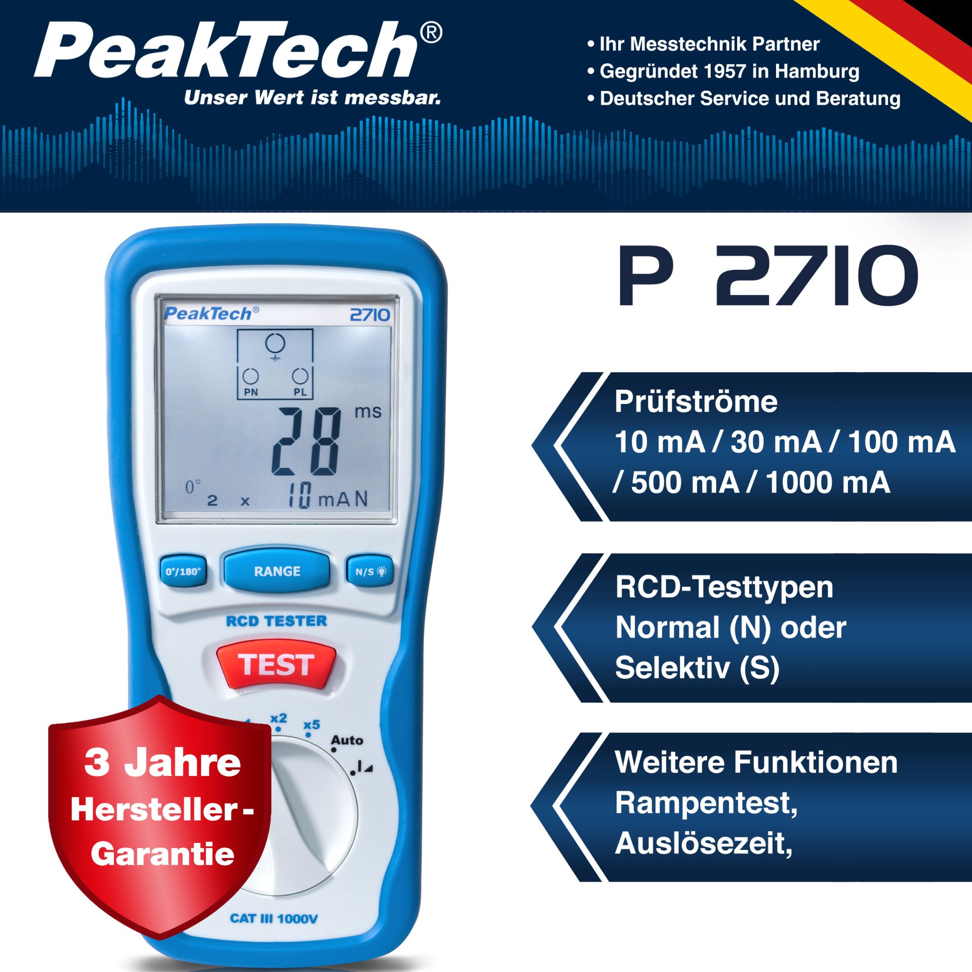 PeakTech P 2710 Digitaler FI / RCD Tester 