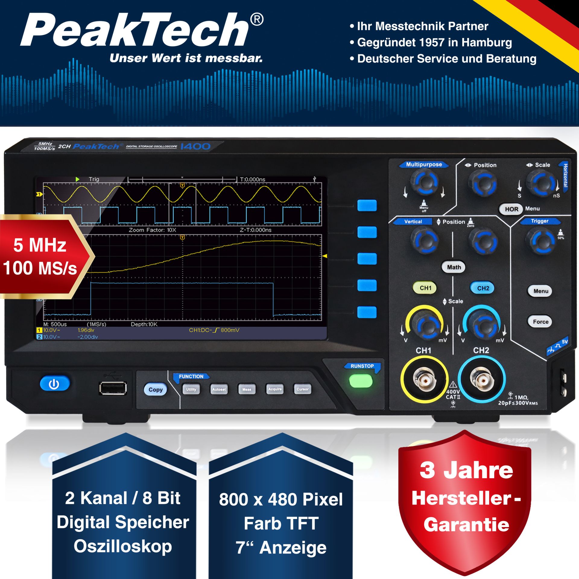 PeakTech P 1400 5 MHz / 2 CH, 100 MS/s Digitalspeicheroszilloskop