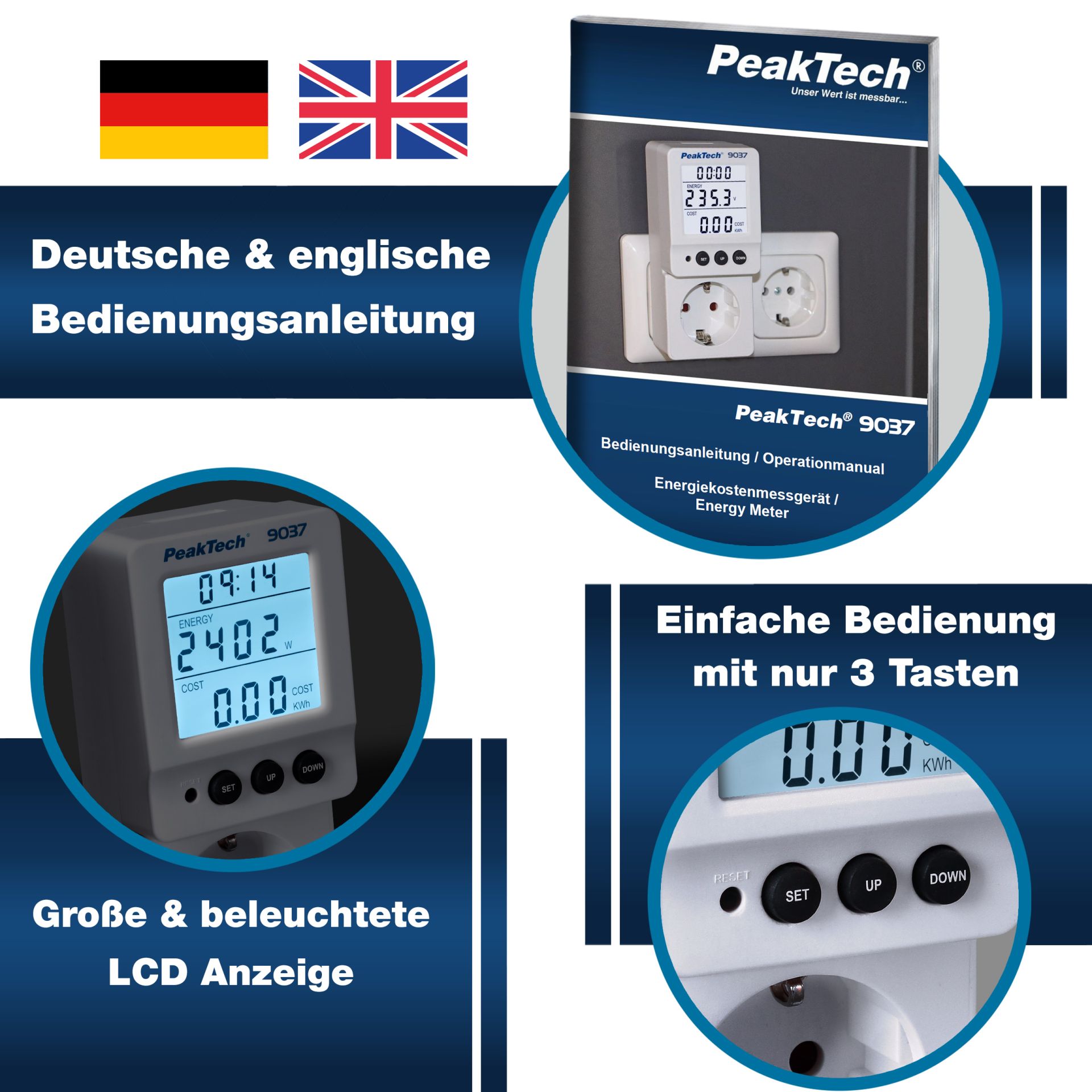 PeakTech P 9037 Energiekostenmessgerät 0,1W Auflösung mit schwenkbarem LCD PeakTech P 9037 Energiekostenmessgerät 0,1W Auflösung mit schwenkbarem LCD