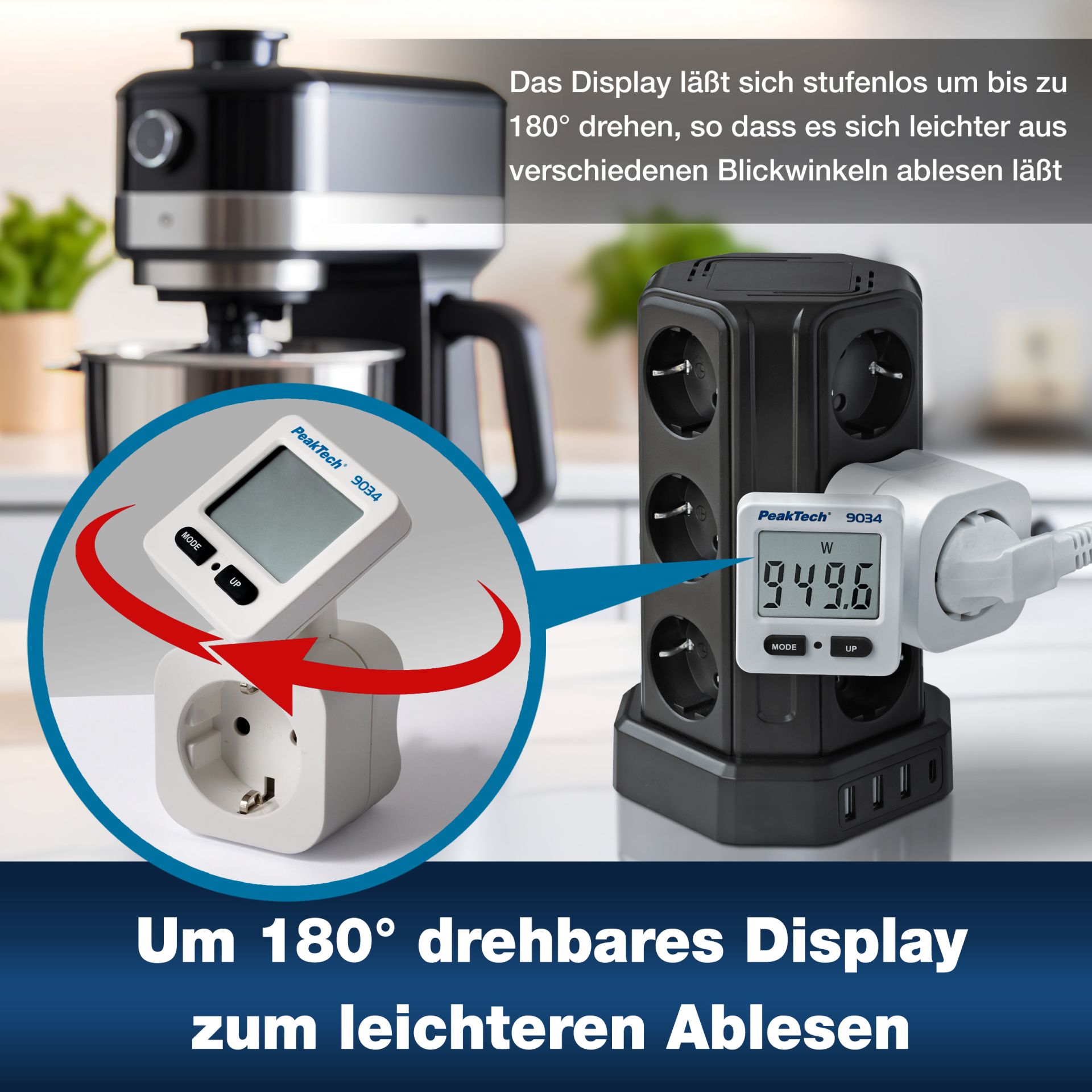 «PeakTech® P 9034» Energiekostenmessgerät 0,1W Auflösung mit drehbarer Anzeige