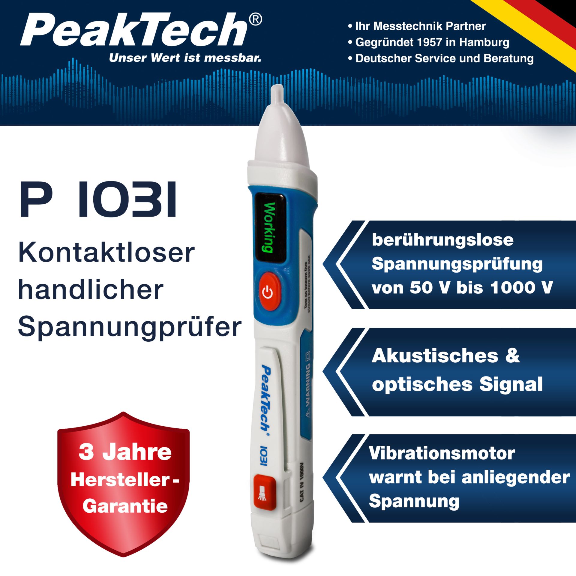 PeakTech P 1031 AC-Spannungsprüfer 50 - 1000 V AC mit Vibration