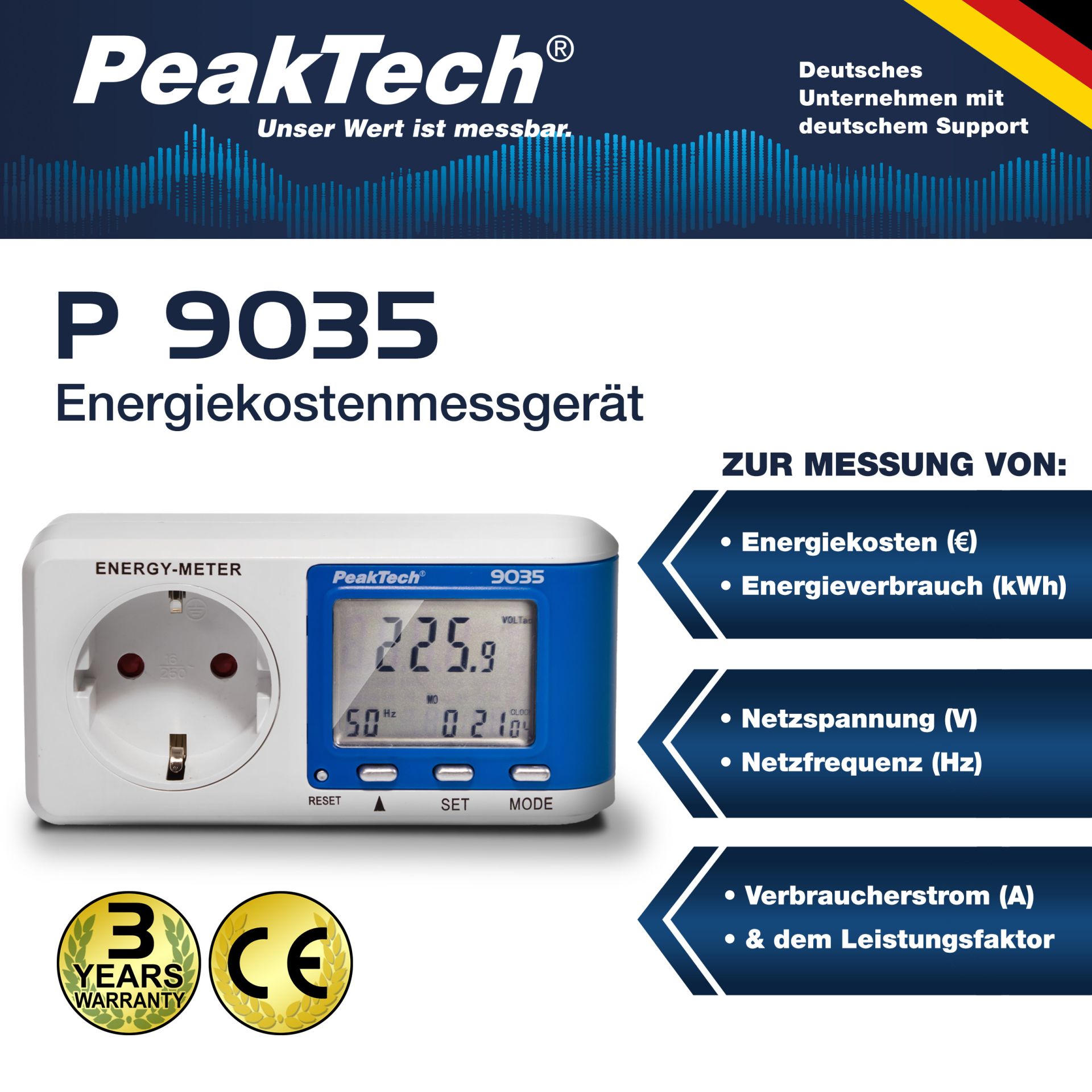 PeakTech P 9035 Energiekostenmessgerät mit 0,1 W Auflösung und Anzeigepuffer