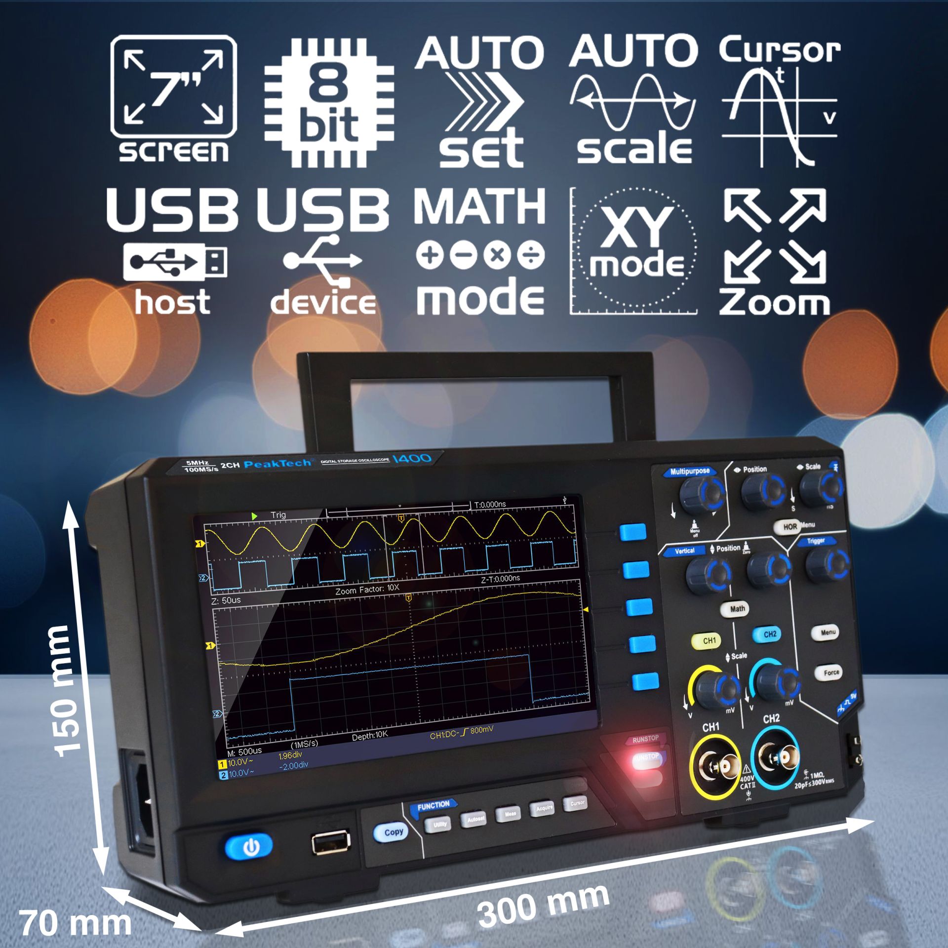 PeakTech P 1403 50 MHz / 2 CH, 500 MS/s Digitalspeicheroszilloskop