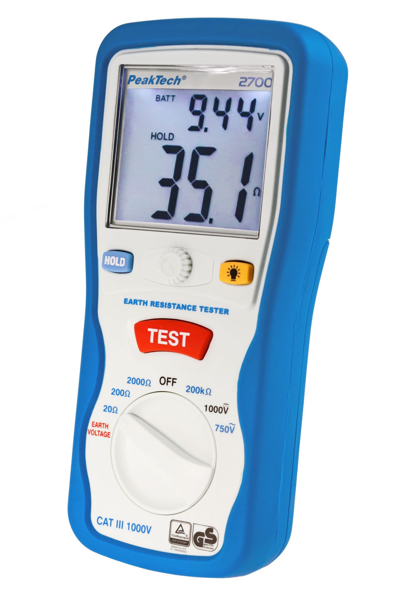 PeakTech P 2700 Digitales Erdungsmessgerät, 0-2000Ω, CAT III 1000V