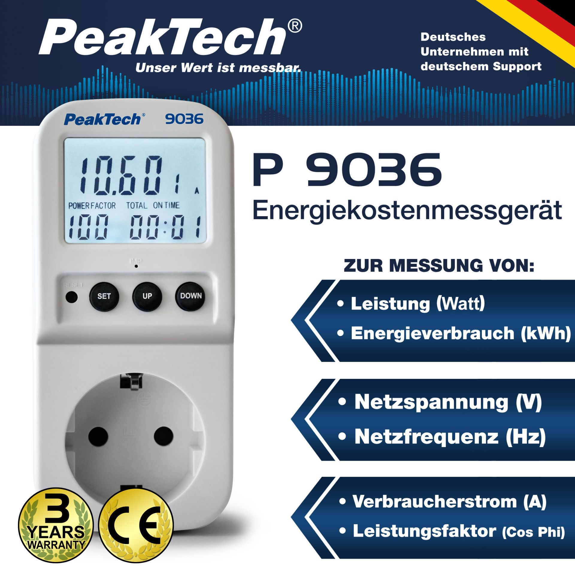 «PeakTech® P 9036» Energiekostenmessgerät 0,1W Auflösung mit beleuchteter LCD