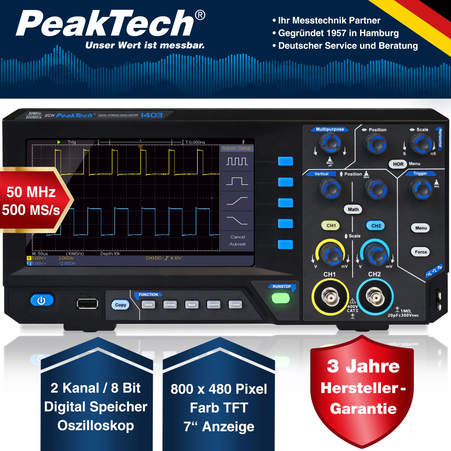 PeakTech P 1403 50 MHz / 2 CH, 500 MS/s Digitalspeicheroszilloskop