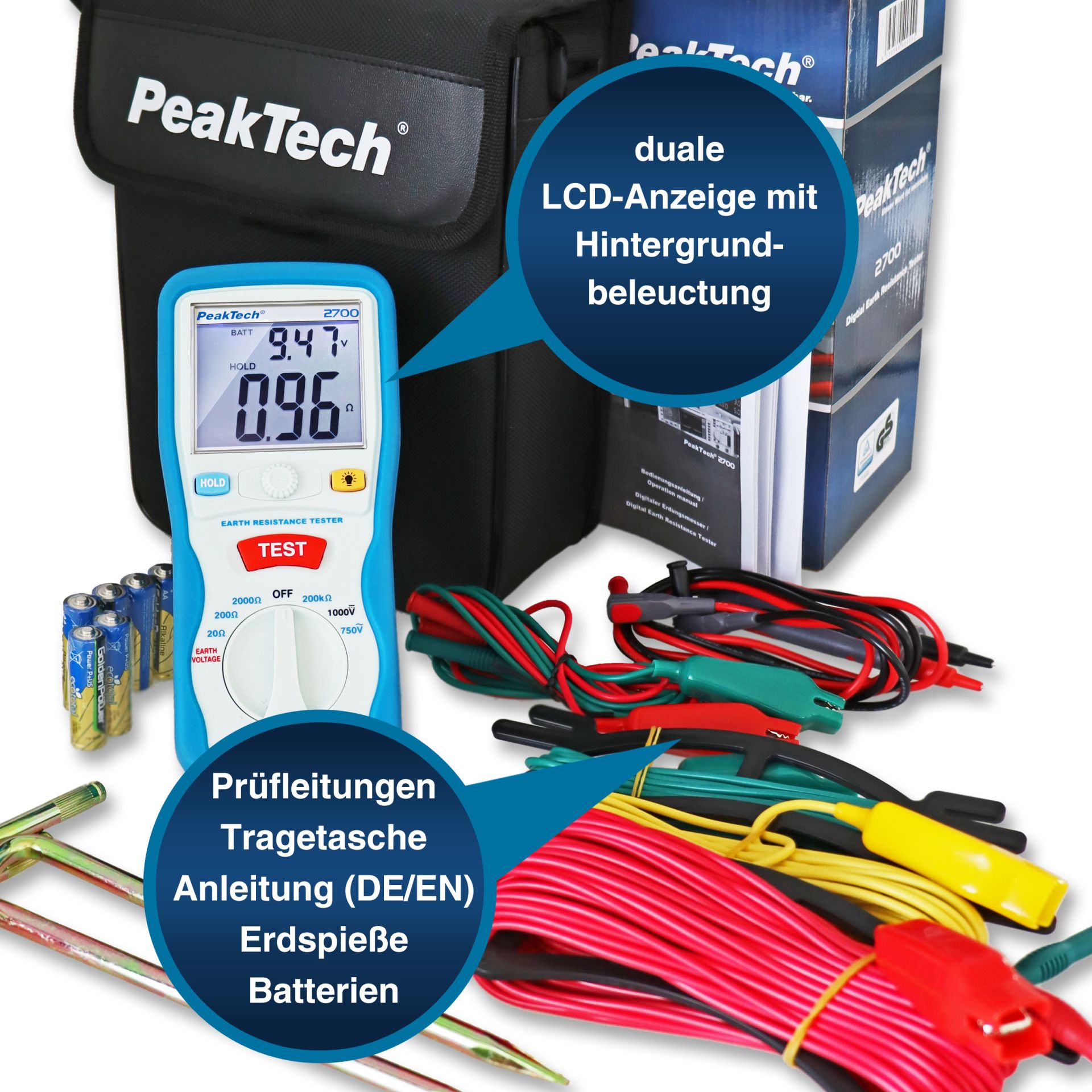 PeakTech P 2700 Digitales Erdungsmessgerät, 0-2000Ω, CAT III 1000V