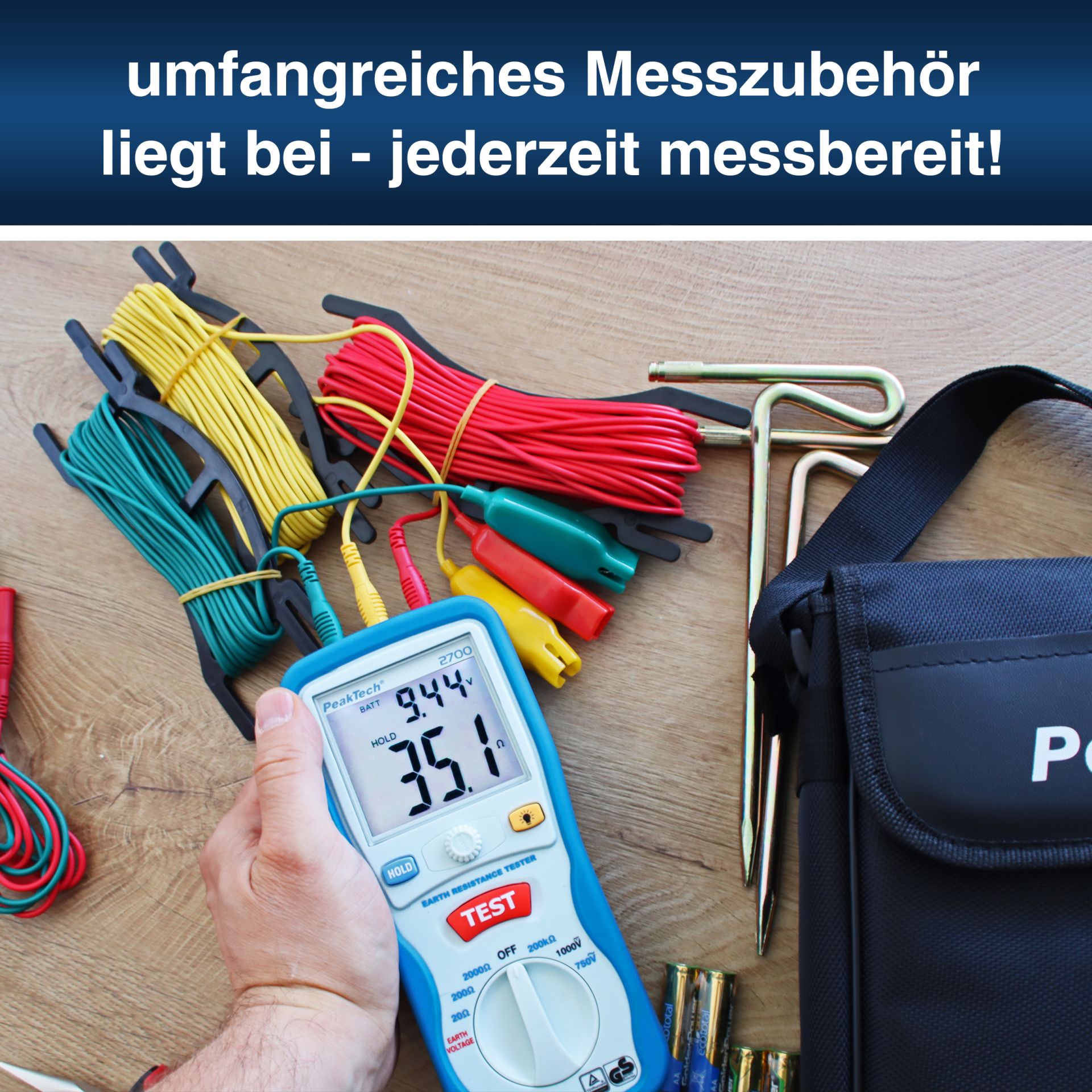PeakTech P 2700 Digitales Erdungsmessgerät, 0-2000Ω, CAT III 1000V