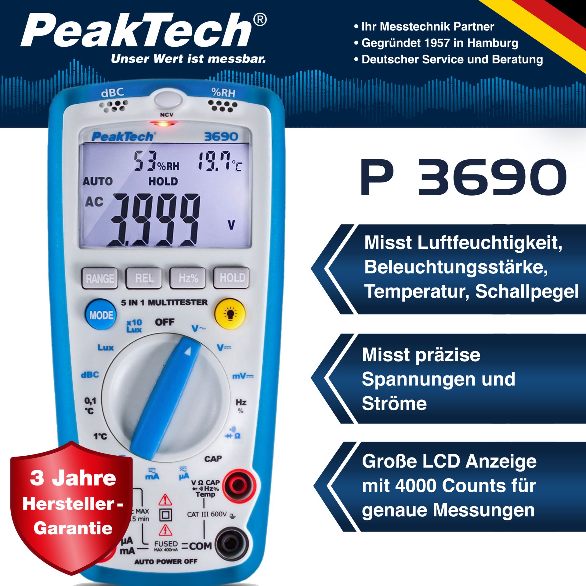 PeakTech P 3690 Multimeter, 4.000 Counts mit Umweltmessungen 