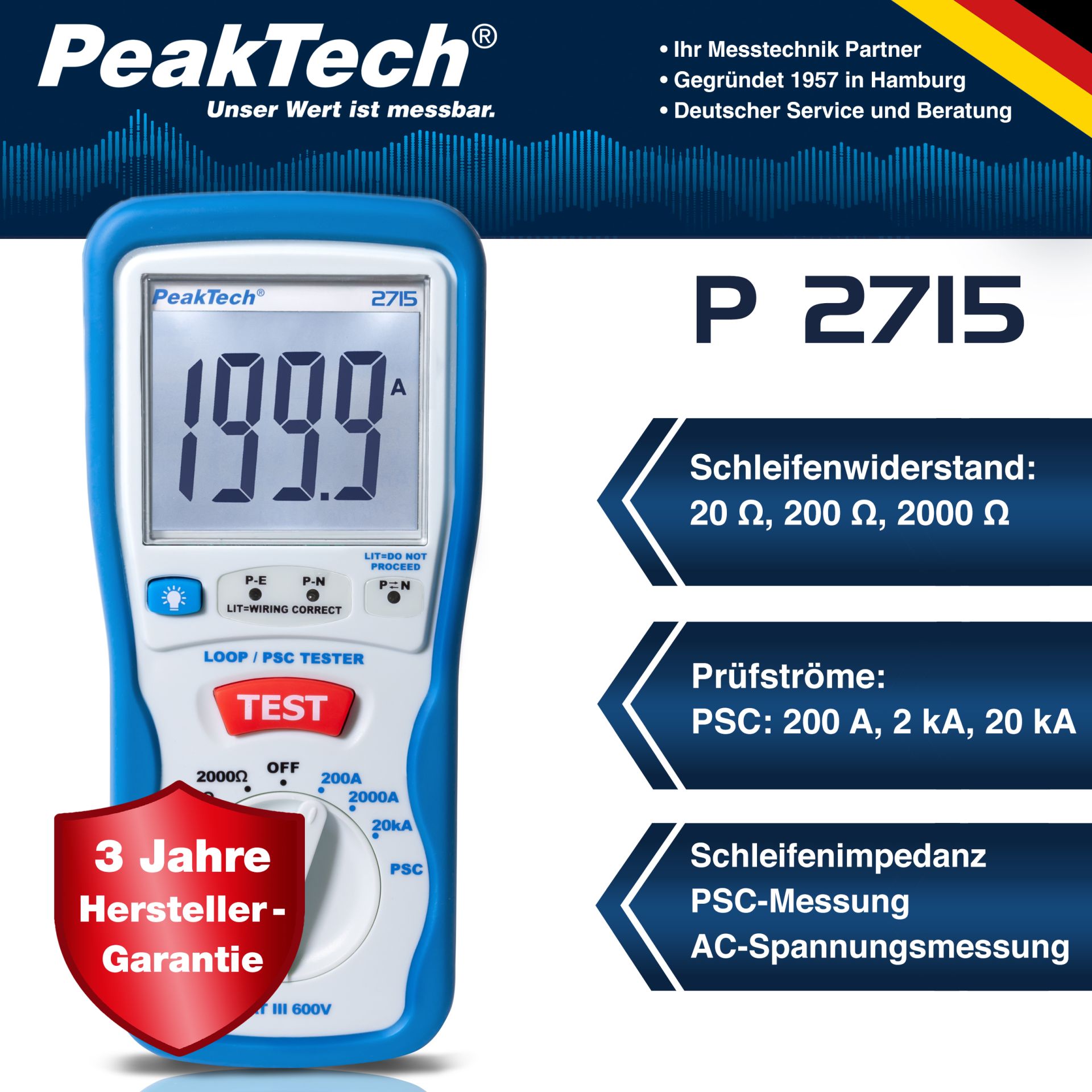 PeakTech P 2715 Digitaler LOOP/PSC Schleifenimpedanztester 