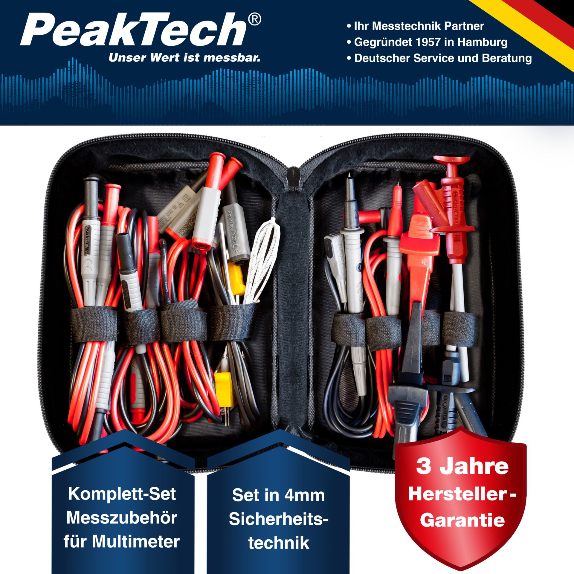 «PeakTech® P 8200» Messzubehör-Set mit diversen Leitungen / Klemmen