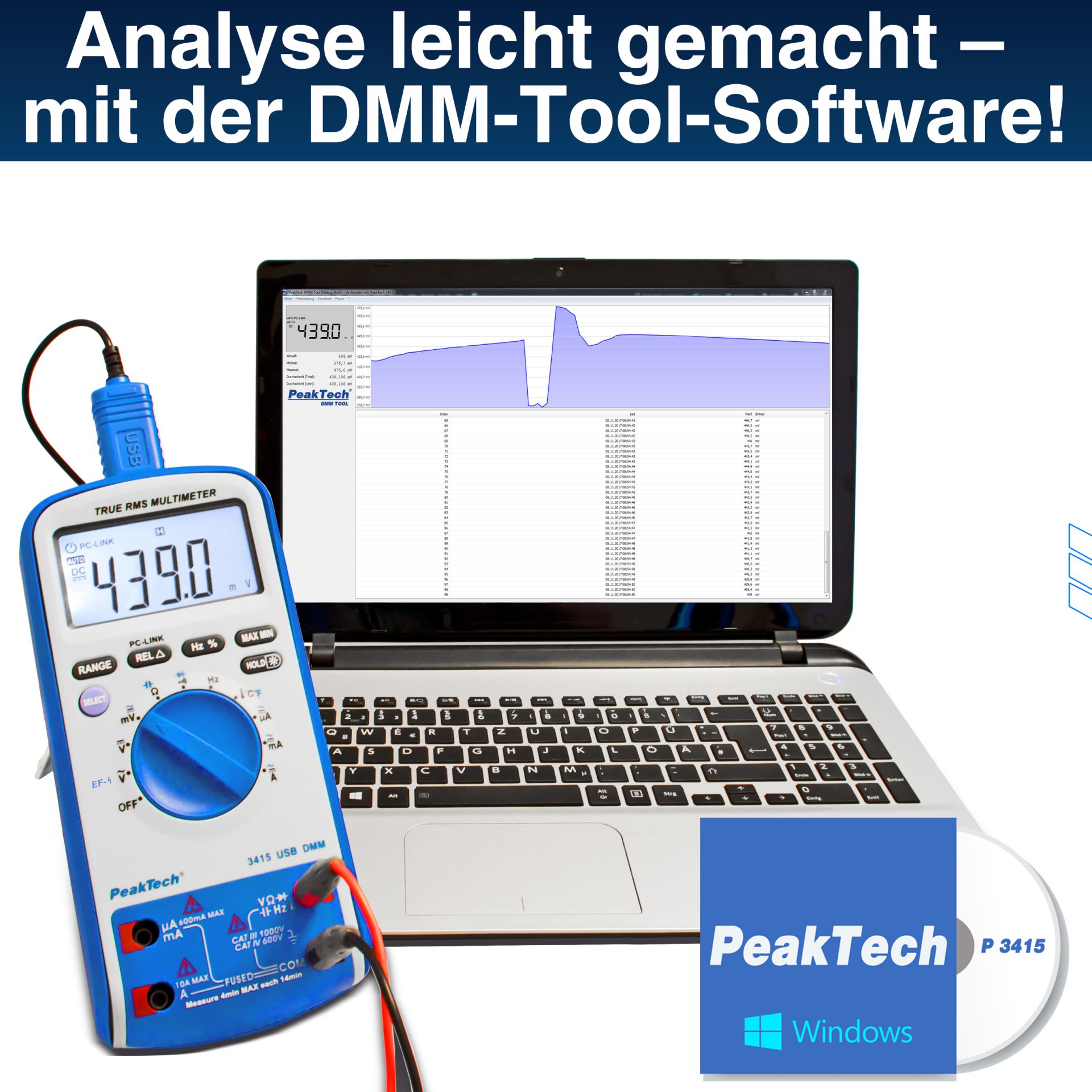 PeakTech P 3415 Digitalmultimeter, 6.000 Counts, TrueRMS & USB 