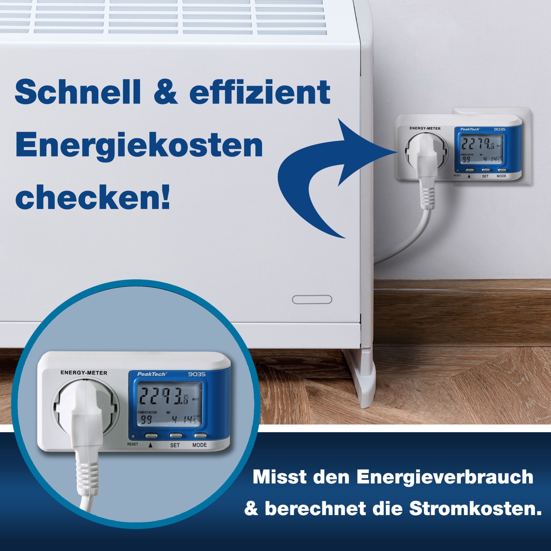 PeakTech P 9035 Energiekostenmessgerät mit 0,1 W Auflösung und Anzeigepuffer