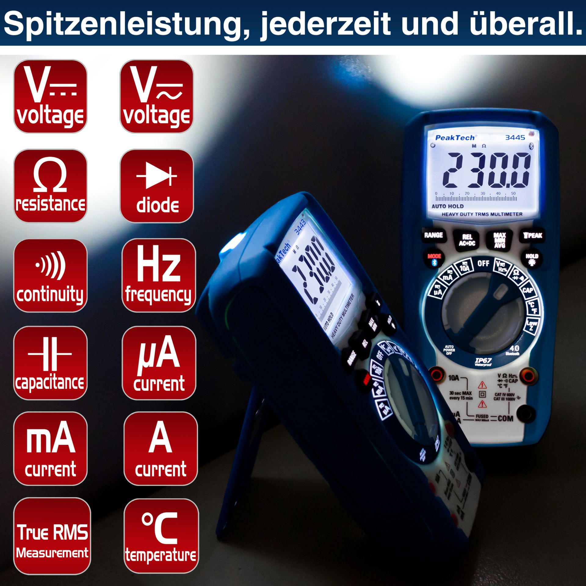 PeakTech P 3445 TrueRMS Digitalmultimeter 6.000 Counts, IP67, BT