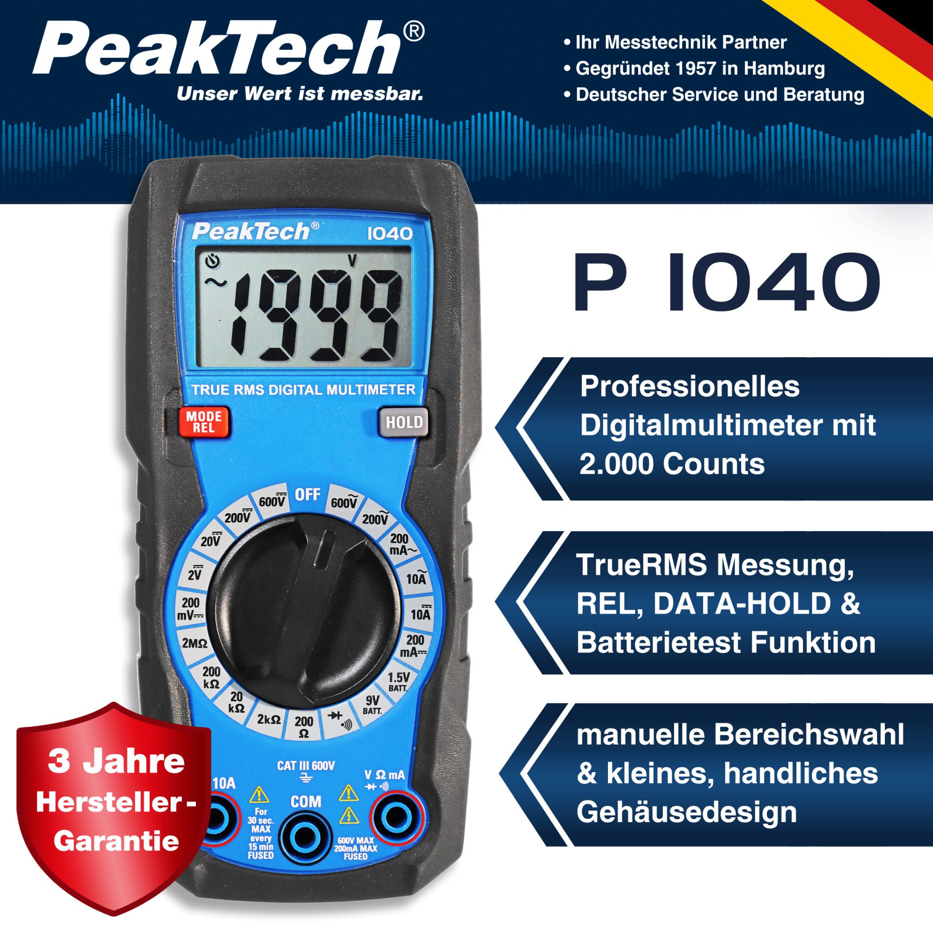 PeakTech P 1040 TrueRMS Digital Multimeter 2000 Counts, Man. Range 