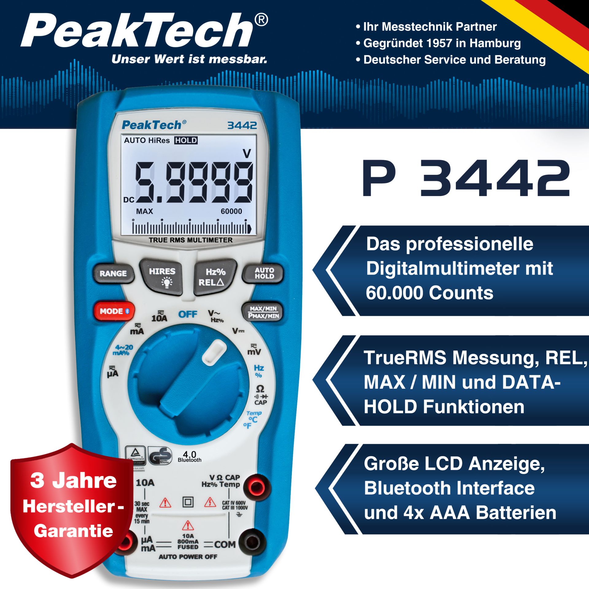 PeakTech P 3442 TrueRMS Digitalmultimeter 60.000 Counts, BT