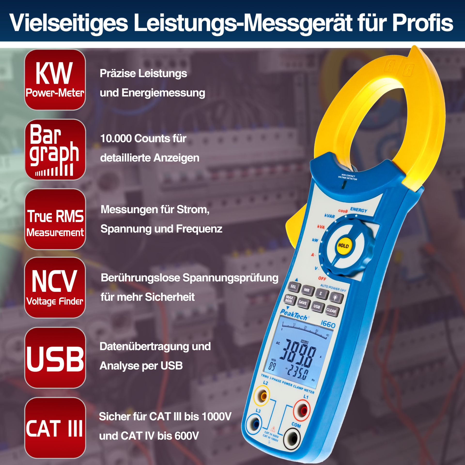 PeakTech P 1660 TrueRMS Leistungs-Stromzange 1000 A AC bis 750 kW