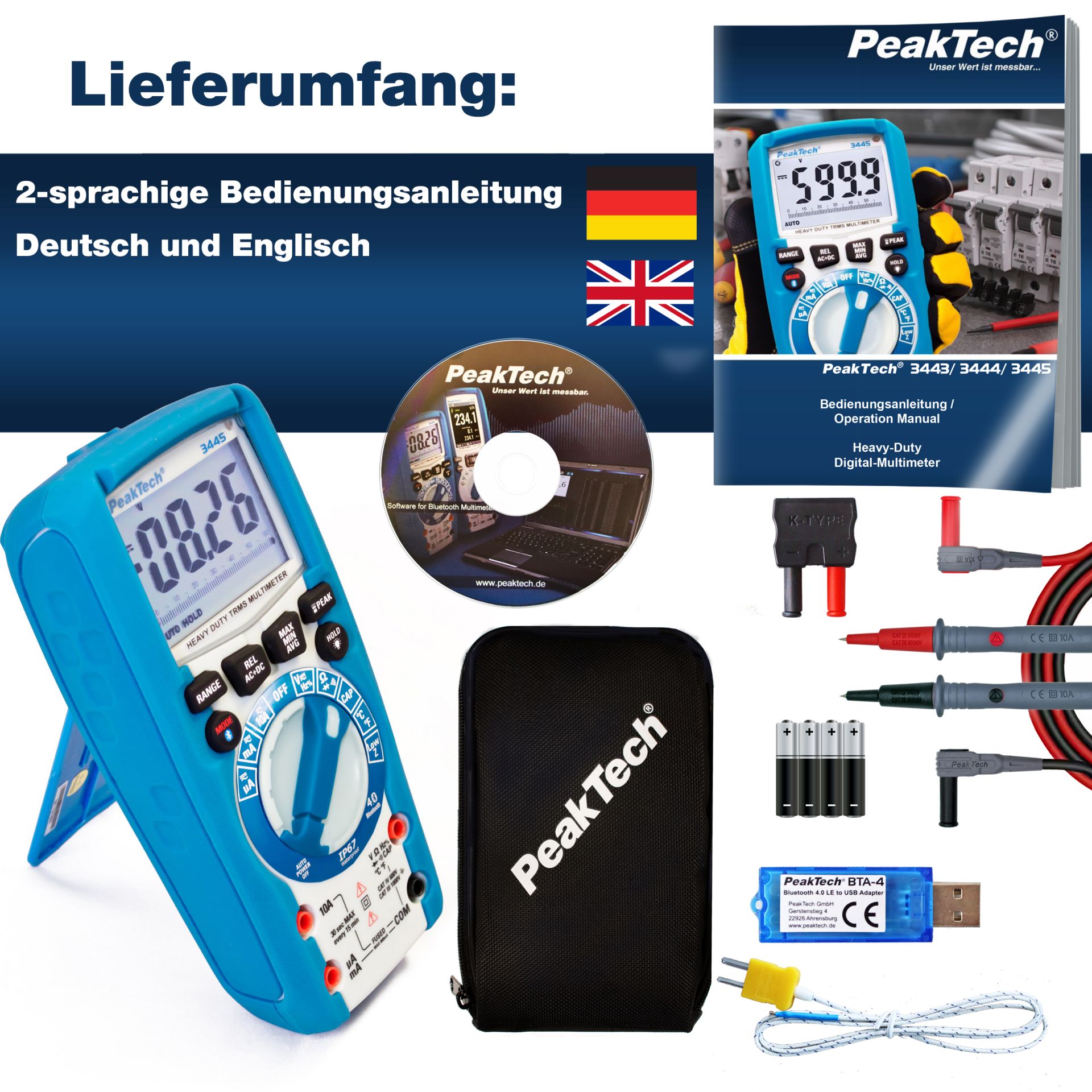 PeakTech P 3445 TrueRMS Digitalmultimeter 6.000 Counts, IP67, BT