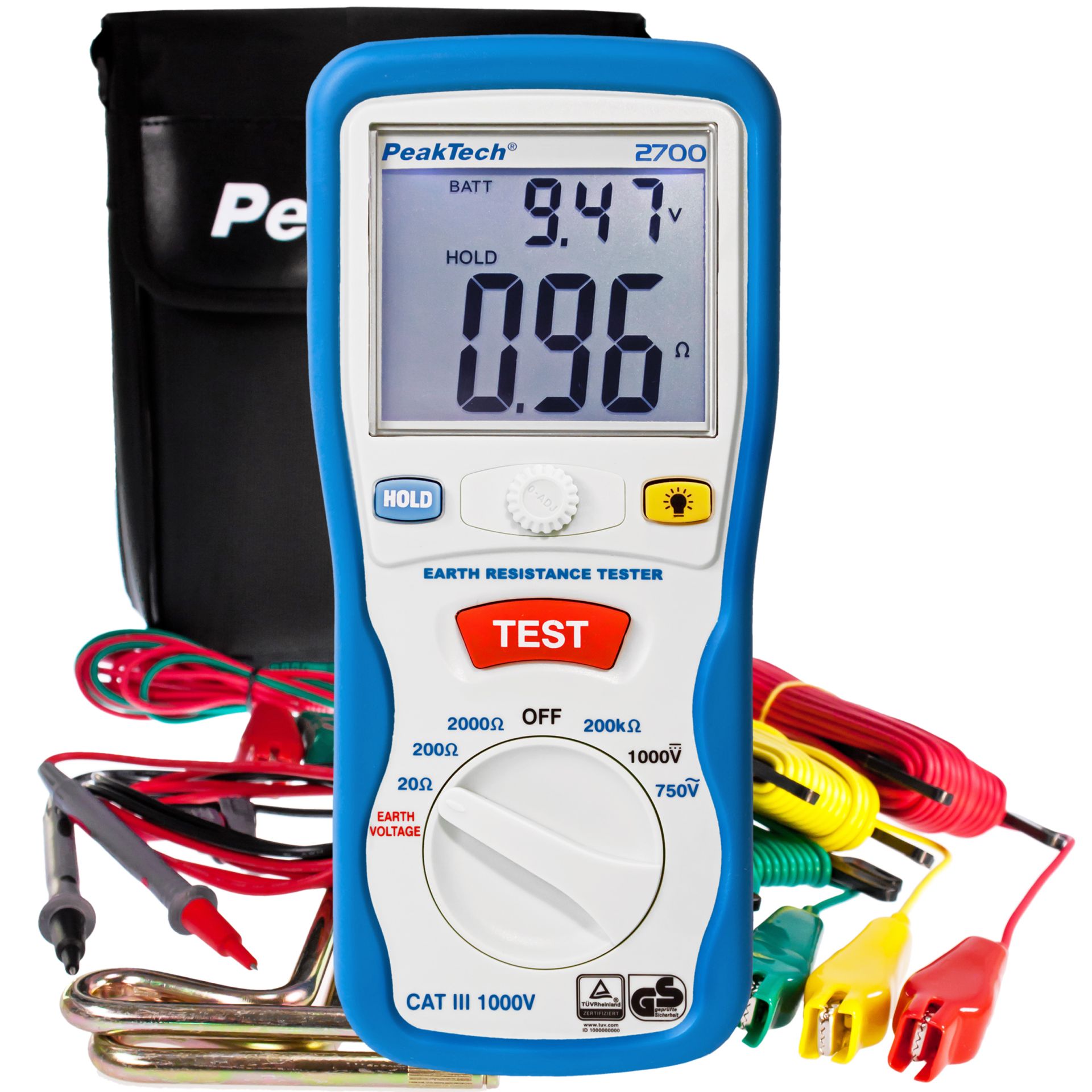 PeakTech P 2700 Digitales Erdungsmessgerät, 0-2000Ω, CAT III 1000V