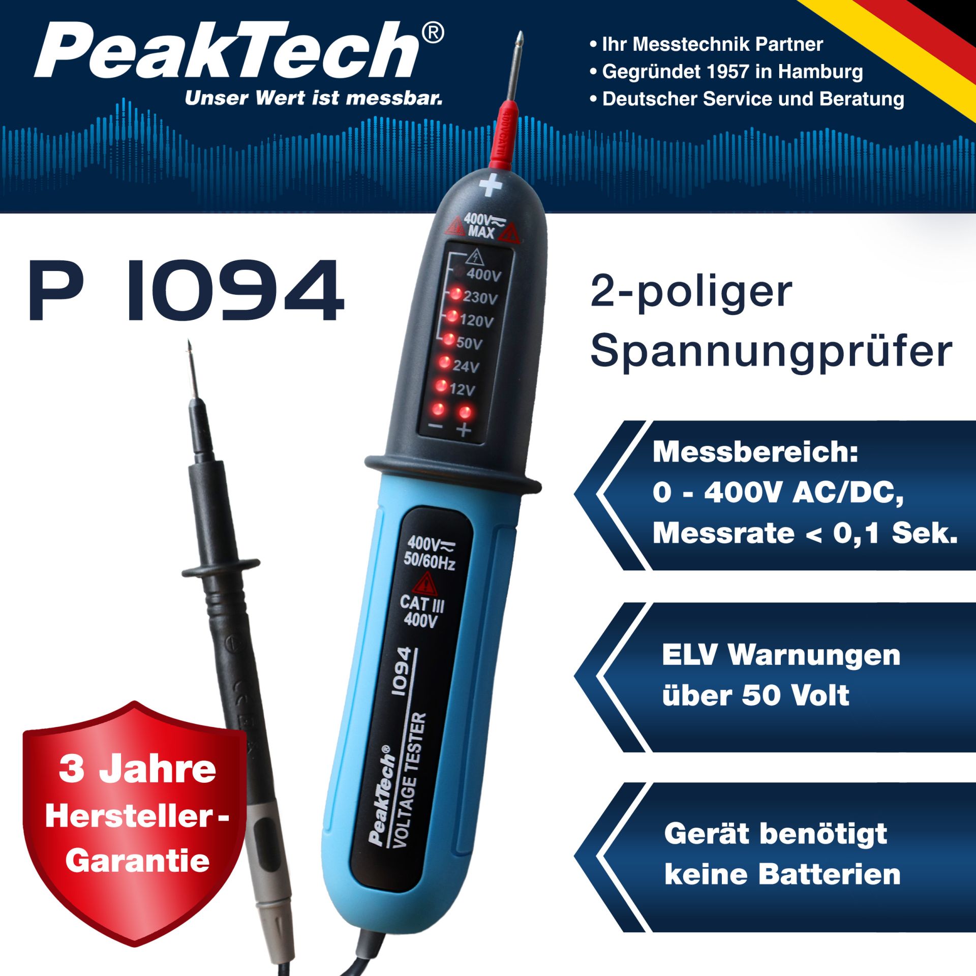 PeakTech P 1094 12 ... 400V AC/DC-Spannungsprüfer mit LED-Anzeige