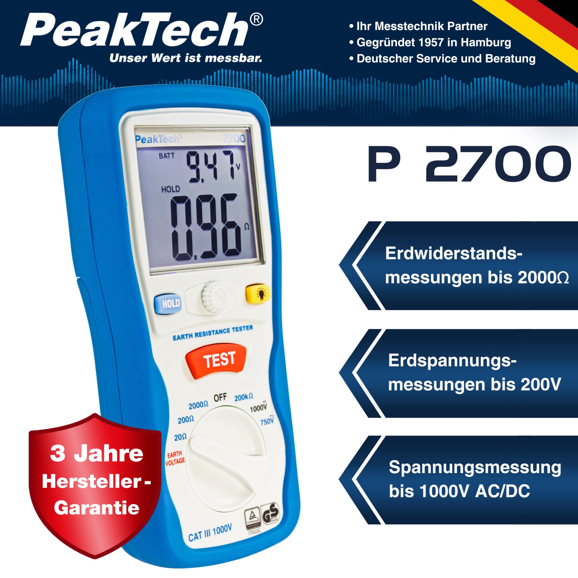 PeakTech P 2700 Digitales Erdungsmessgerät, 0-2000Ω, CAT III 1000V