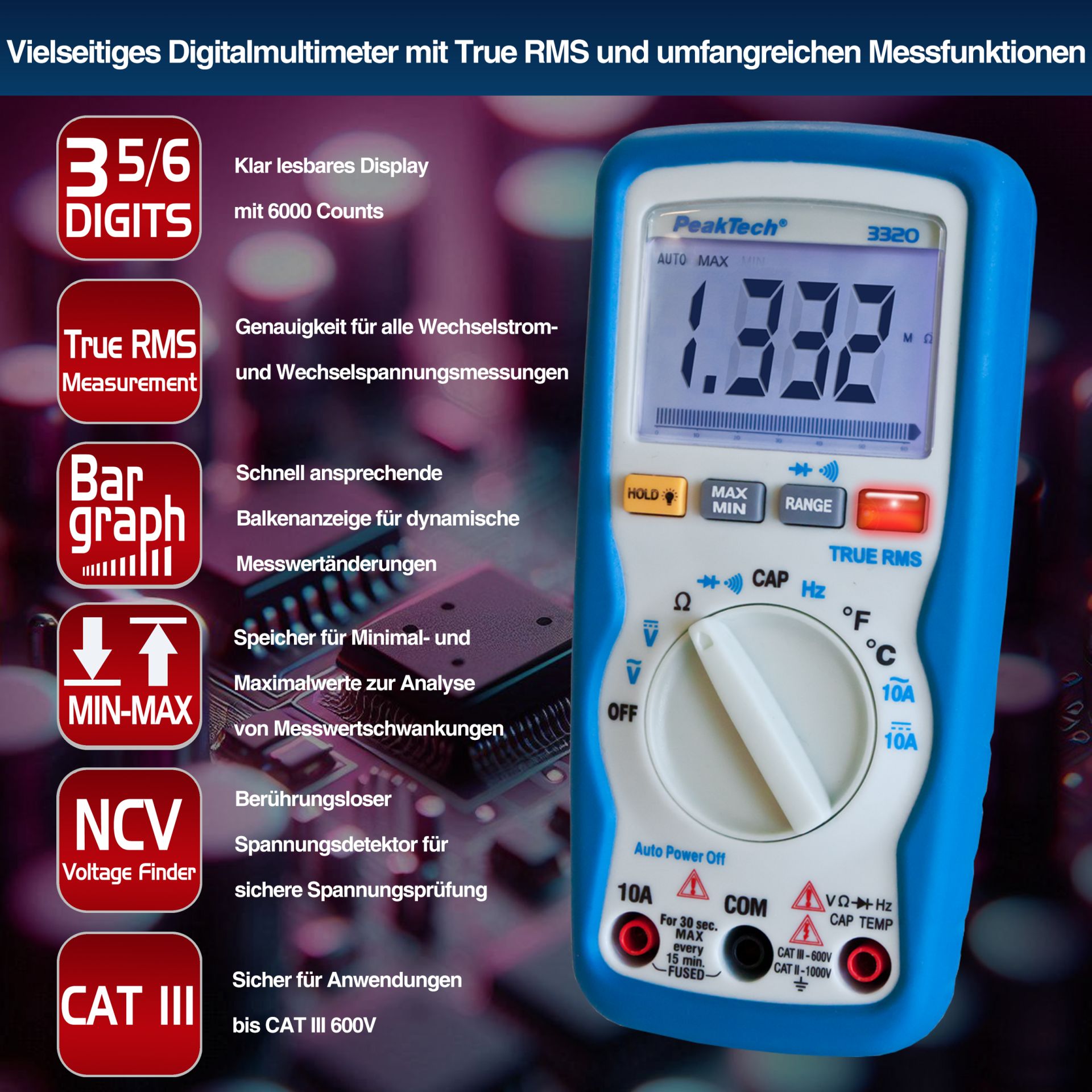 PeakTech P 3320 Digitalmultimeter, 6.000 Counts, TrueRMS 