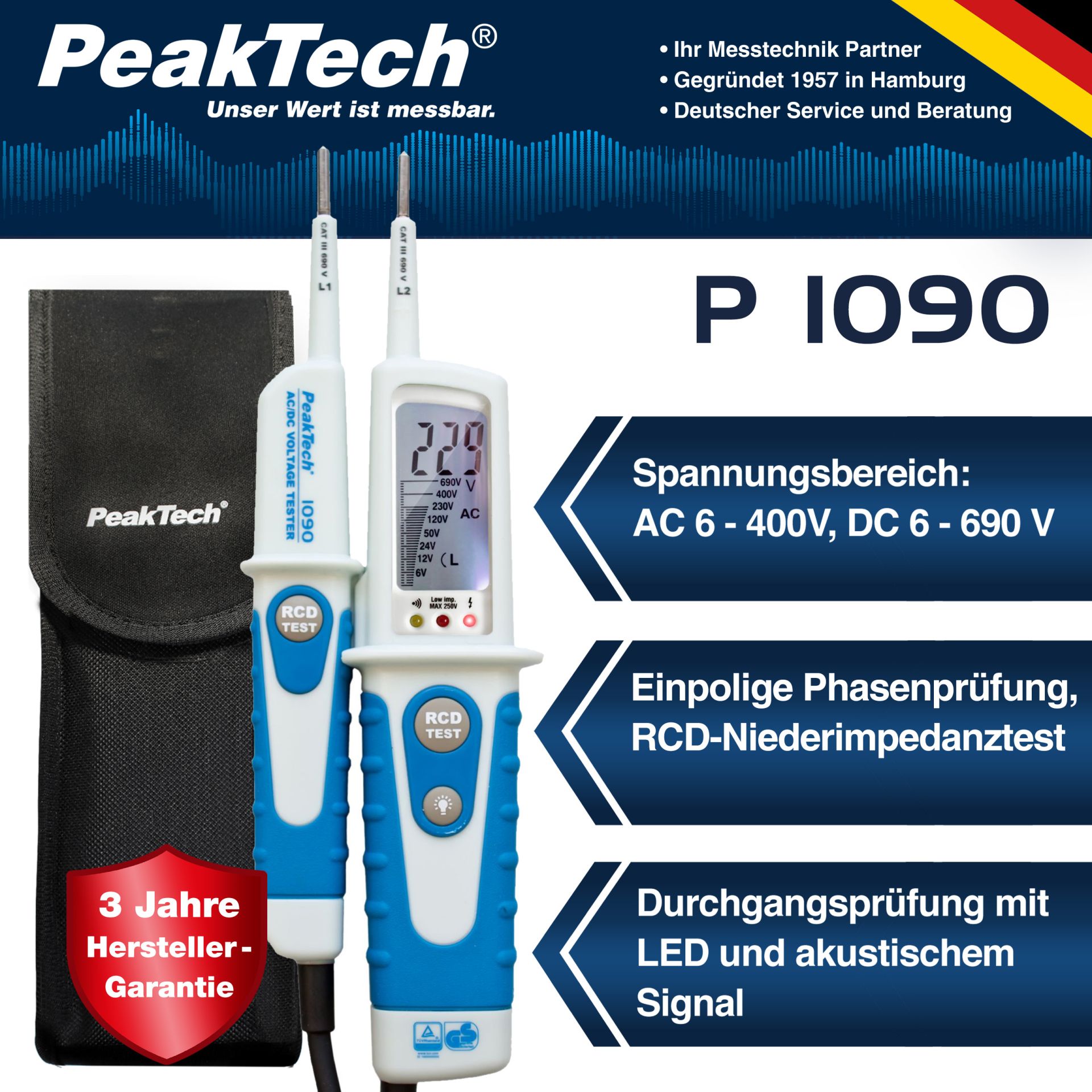 PeakTech P 1090 AC/DC-Spannungsprüfer mit FI-Test und LCD-Anzeige