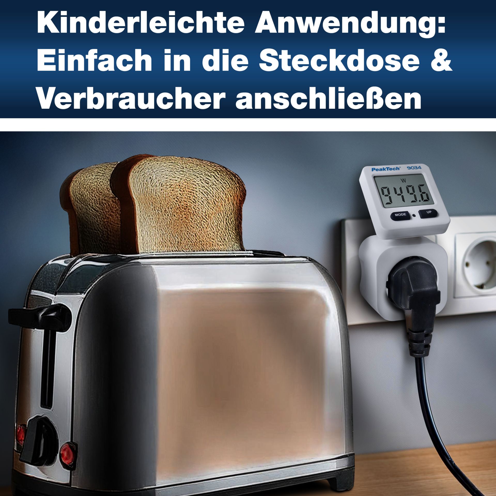 «PeakTech® P 9034» Energiekostenmessgerät 0,1W Auflösung mit drehbarer Anzeige