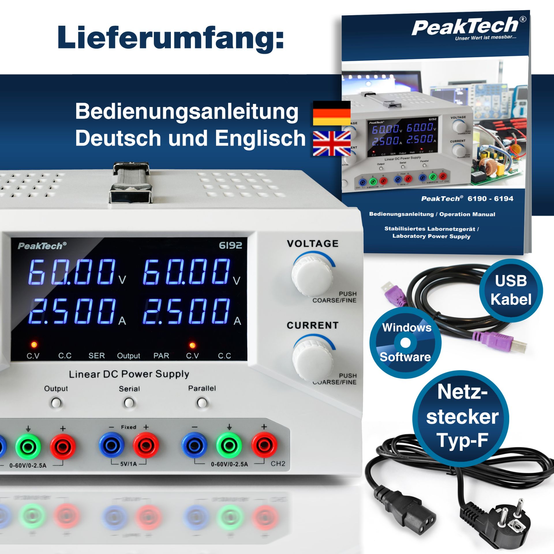 PeakTech P 6192 Digital Labornetzgerät 2x 0-60 V / 0-2,5 A DC & USB 