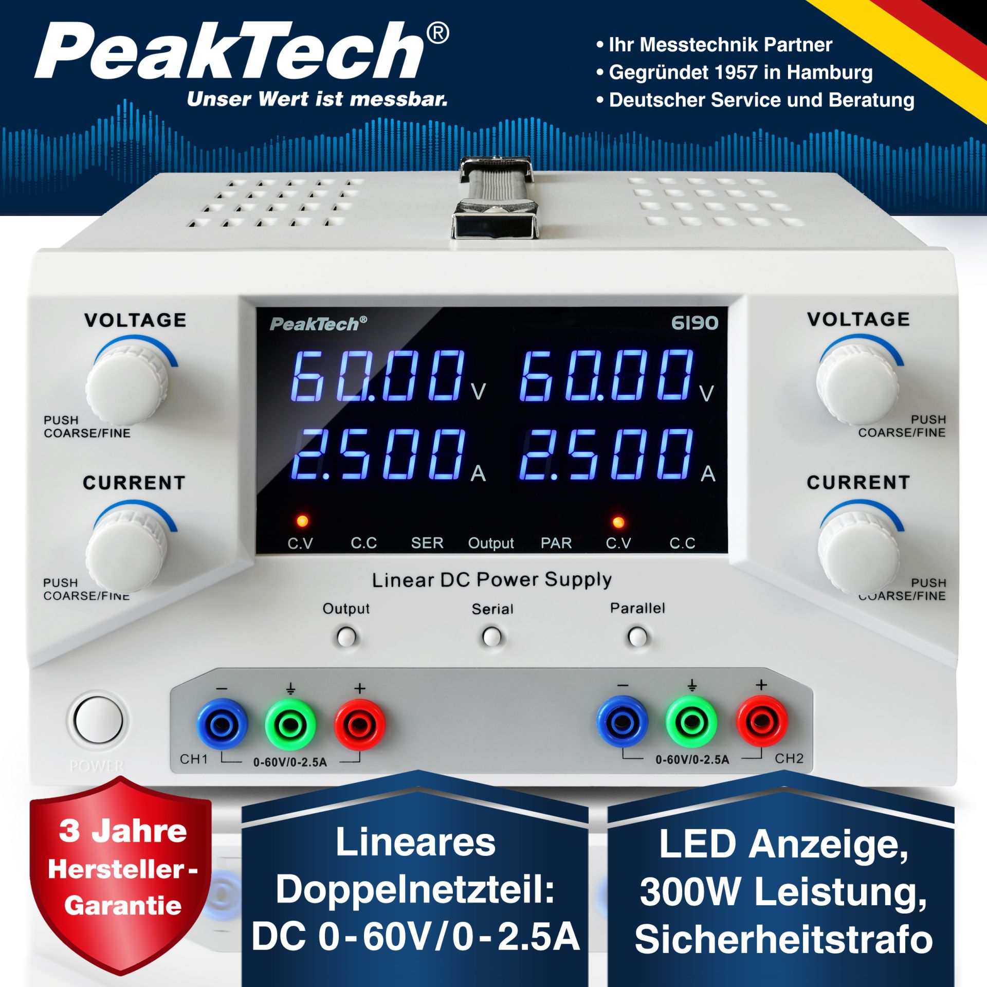 PeakTech P 6190 Digital Labornetzgerät 2x 0-60 V / 0-2,5 A DC 