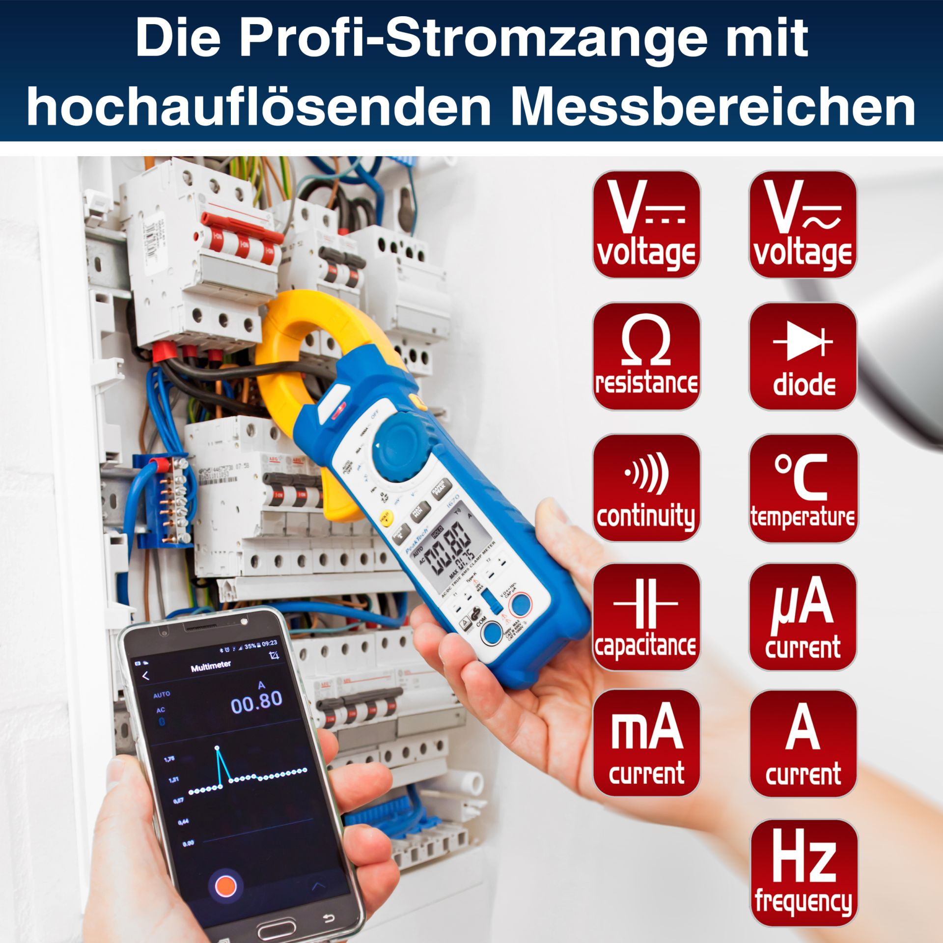 PeakTech P 1670 TrueRMS Stromzange 50.000 Counts 1000 A AC/DC, BT