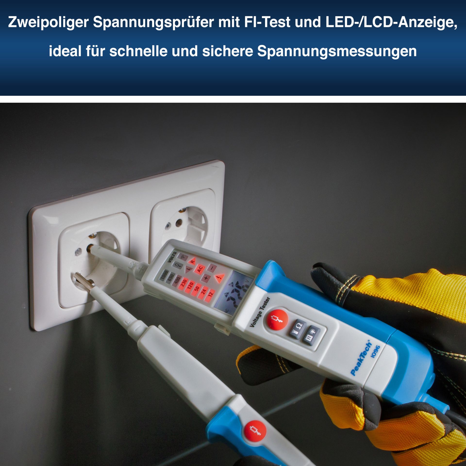 PeakTech P 1096 AC/DC-Spannungsprüfer mit FI-Test und Dual-Anzeige