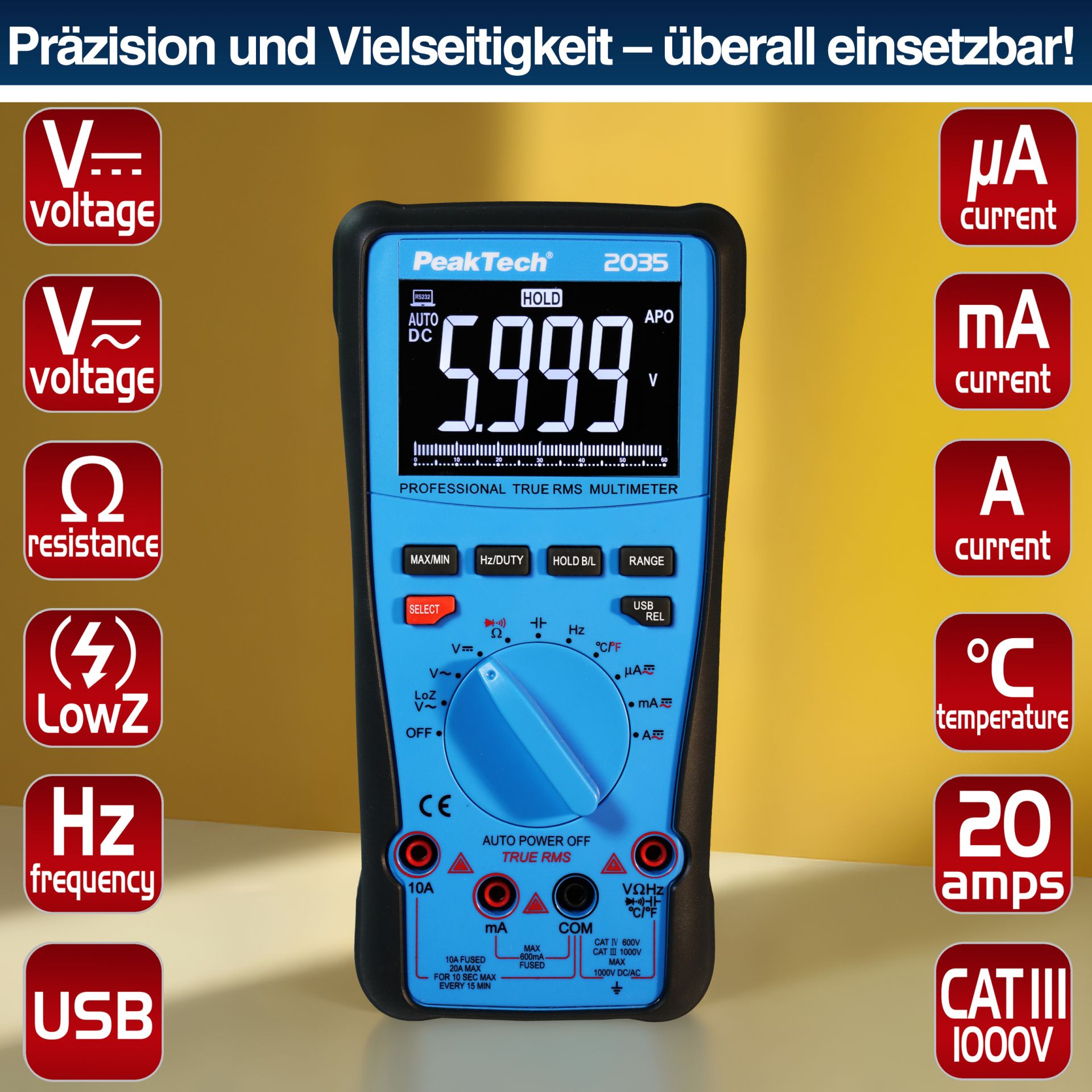 PeakTech P 2035 True RMS 1000 V Digitalmultimeter 6000 Counts, USB 