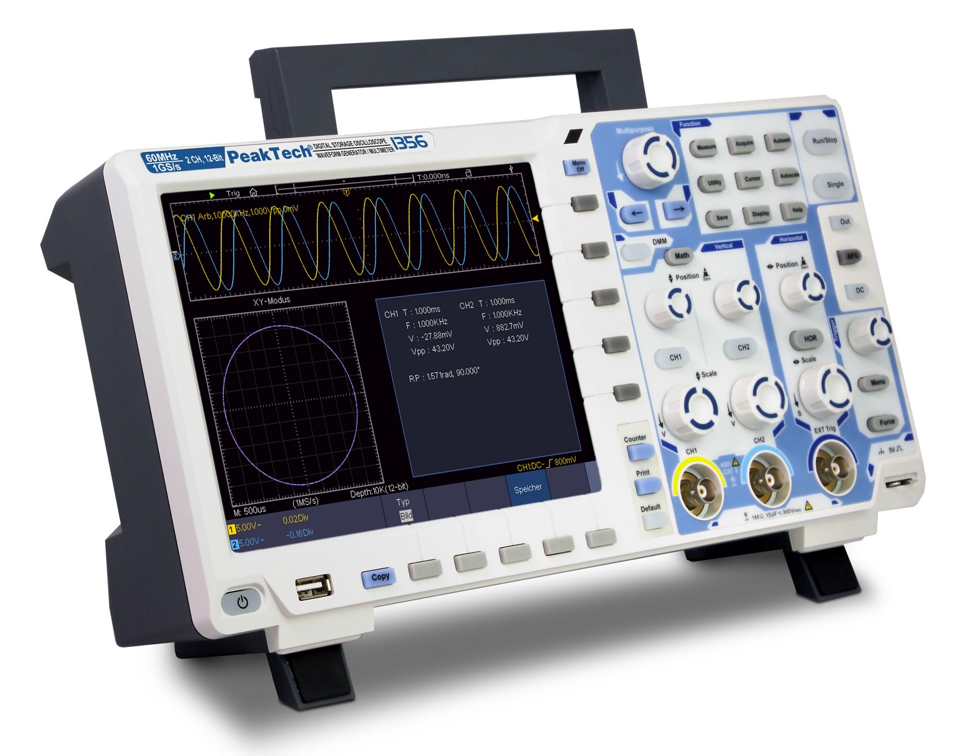 PeakTech P 1356 60 MHz / 2 CH, 1 GS/s Touchscreen-Oszilloskop