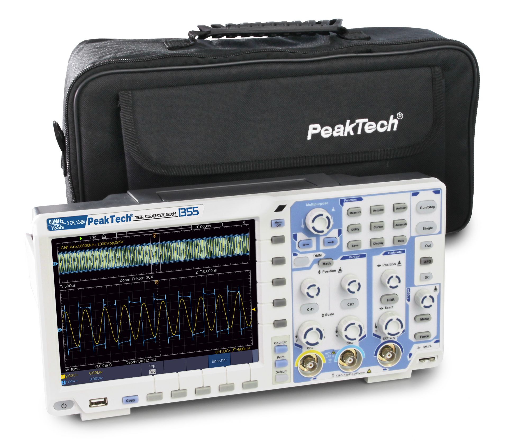 PeakTech P 1355 60 MHz / 2 CH, 1 GS/s Touchscreen-Oszilloskop