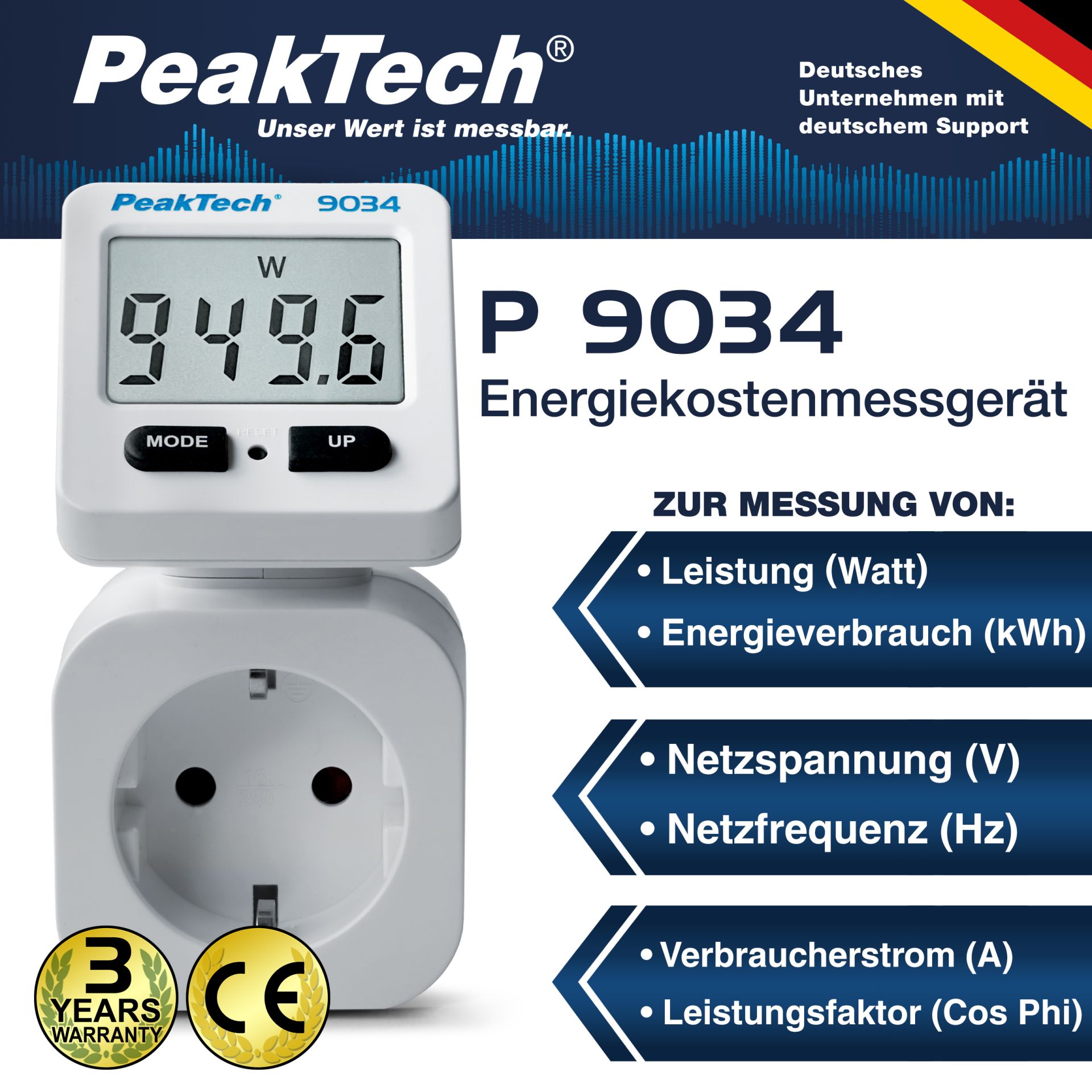 PeakTech P 9034 Energiekostenmessgerät 0,1W Auflösung mit drehbarer Anzeige PeakTech P 9034 Energiekostenmessgerät 0,1W Auflösung mit drehbarer Anzeige