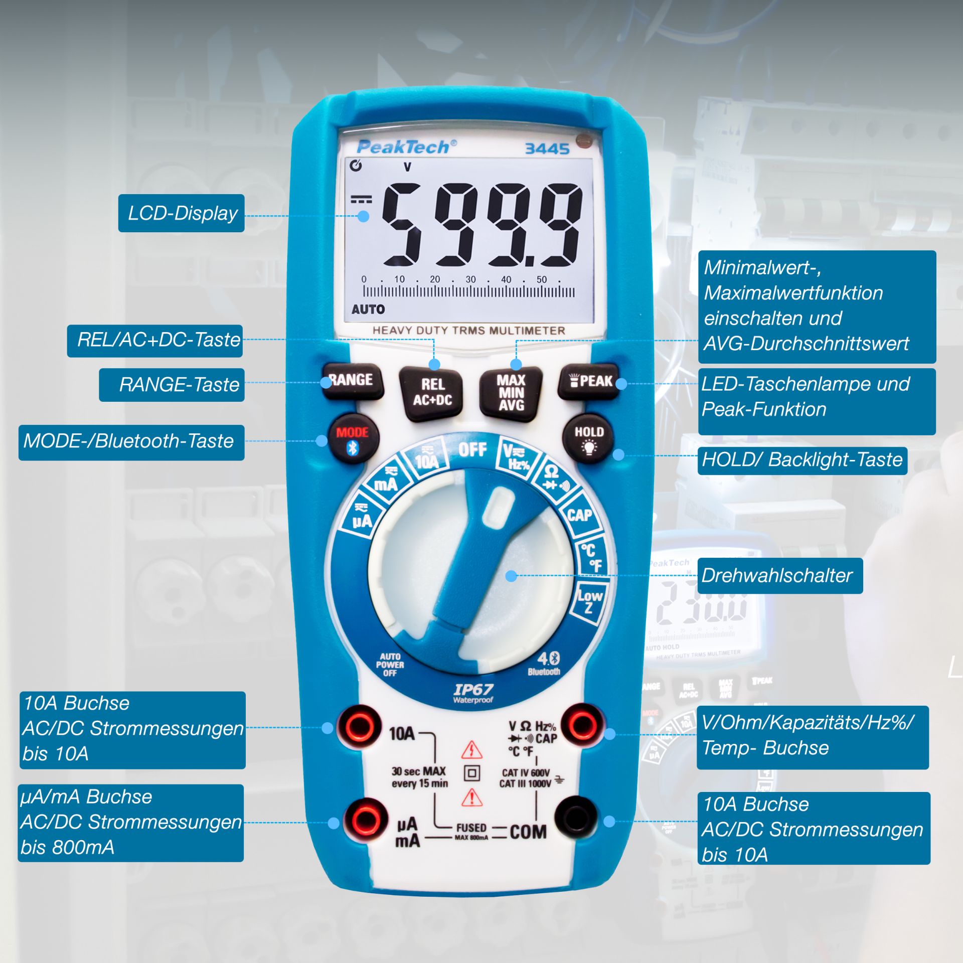 PeakTech P 3445 TrueRMS Digitalmultimeter 6.000 Counts, IP67, BT
