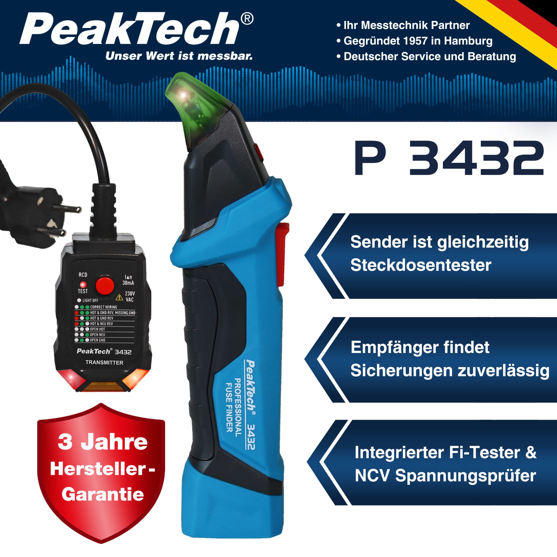 PeakTech® P 3432 Sicherungsfinder mit RCD Tester