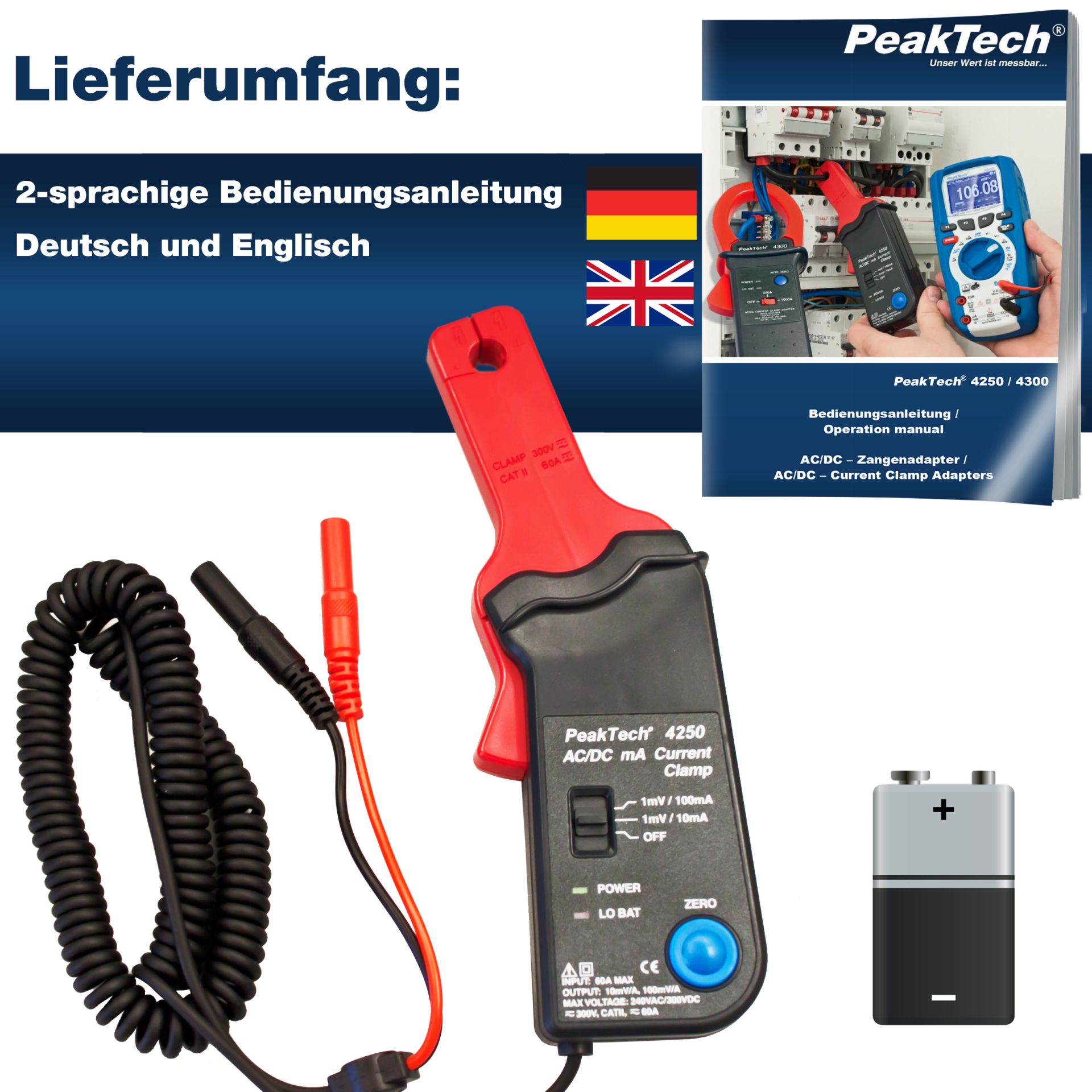 PeakTech P 4250 Stromzangenadapter 60A AC/DC mit 4mm Stecker  PeakTech P 4250 Stromzangenadapter 60A AC/DC mit 4mm Stecker