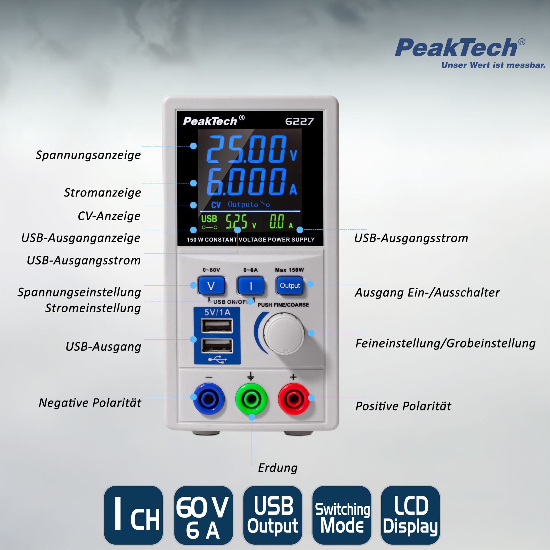PeakTech P 6227 DC Schaltnetzgerät 0-60 V / 0-6 A mit 2 x USB 