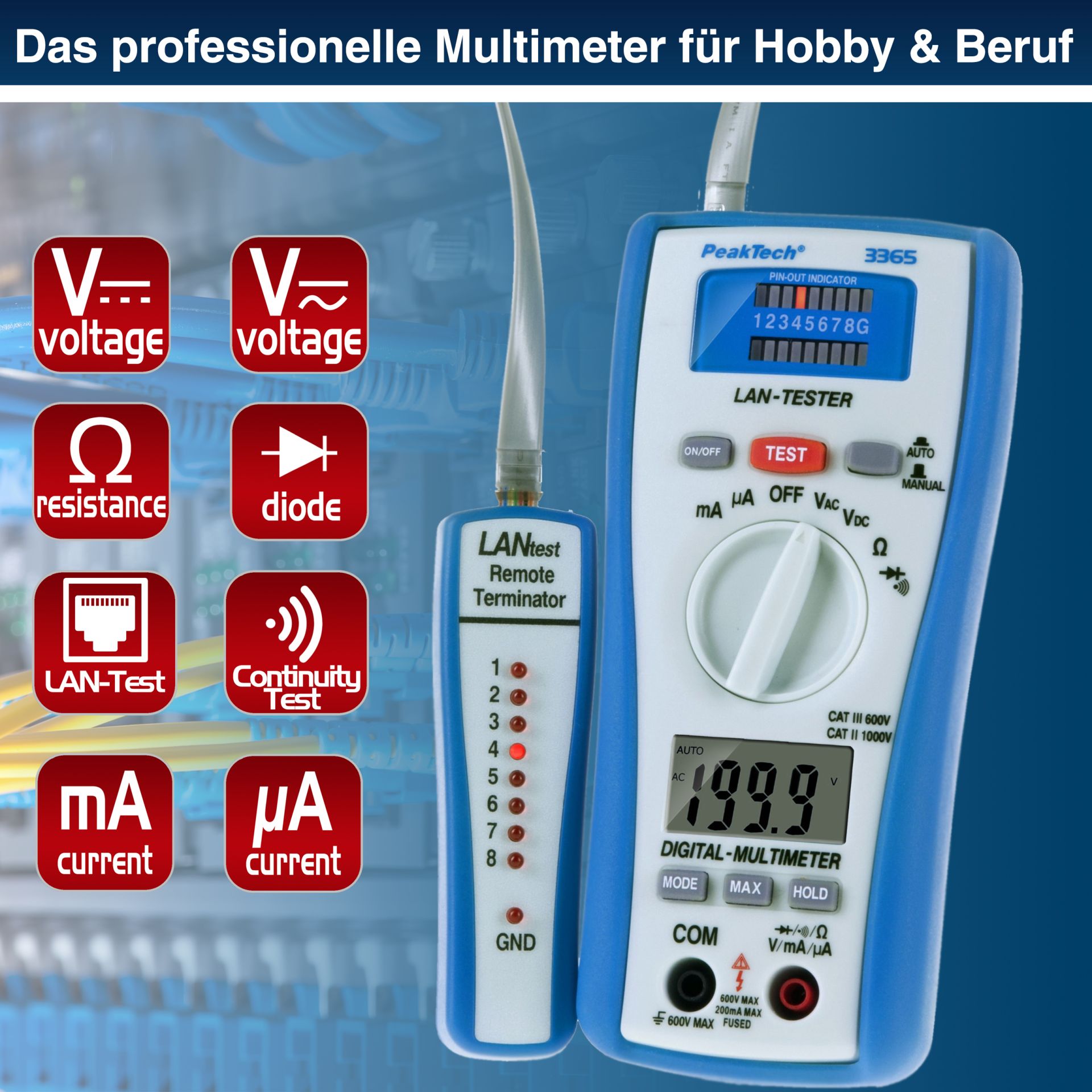 PeakTech P 3365 Digitalmultimeter, 2.000 Counts, mit LAN - Tester 