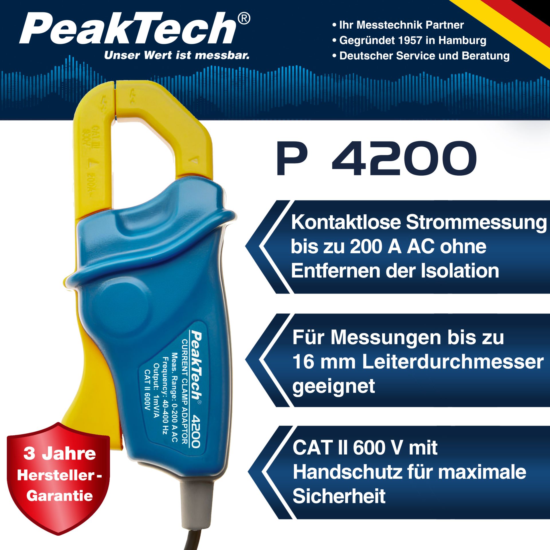 PeakTech P 4200 Stromzangenadapter 200A AC mit 4mm Stecker  PeakTech P 4200 Stromzangenadapter 200A AC mit 4mm Stecker